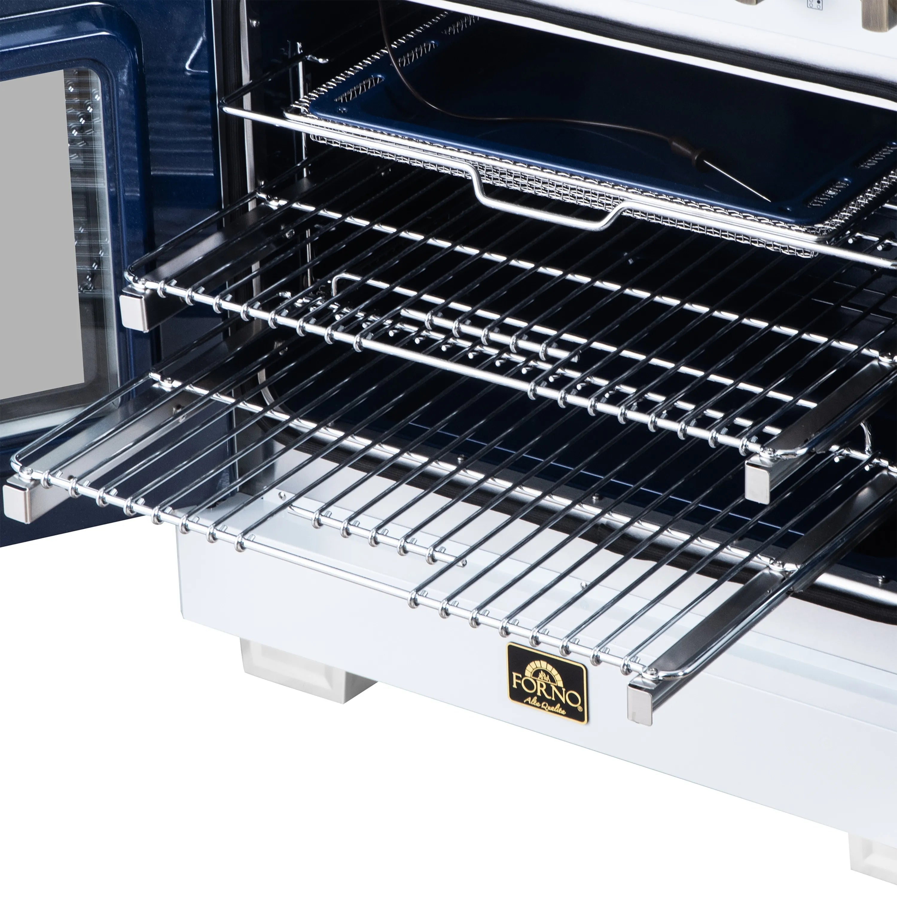 White oven interior with wire rack and baking surface, door open