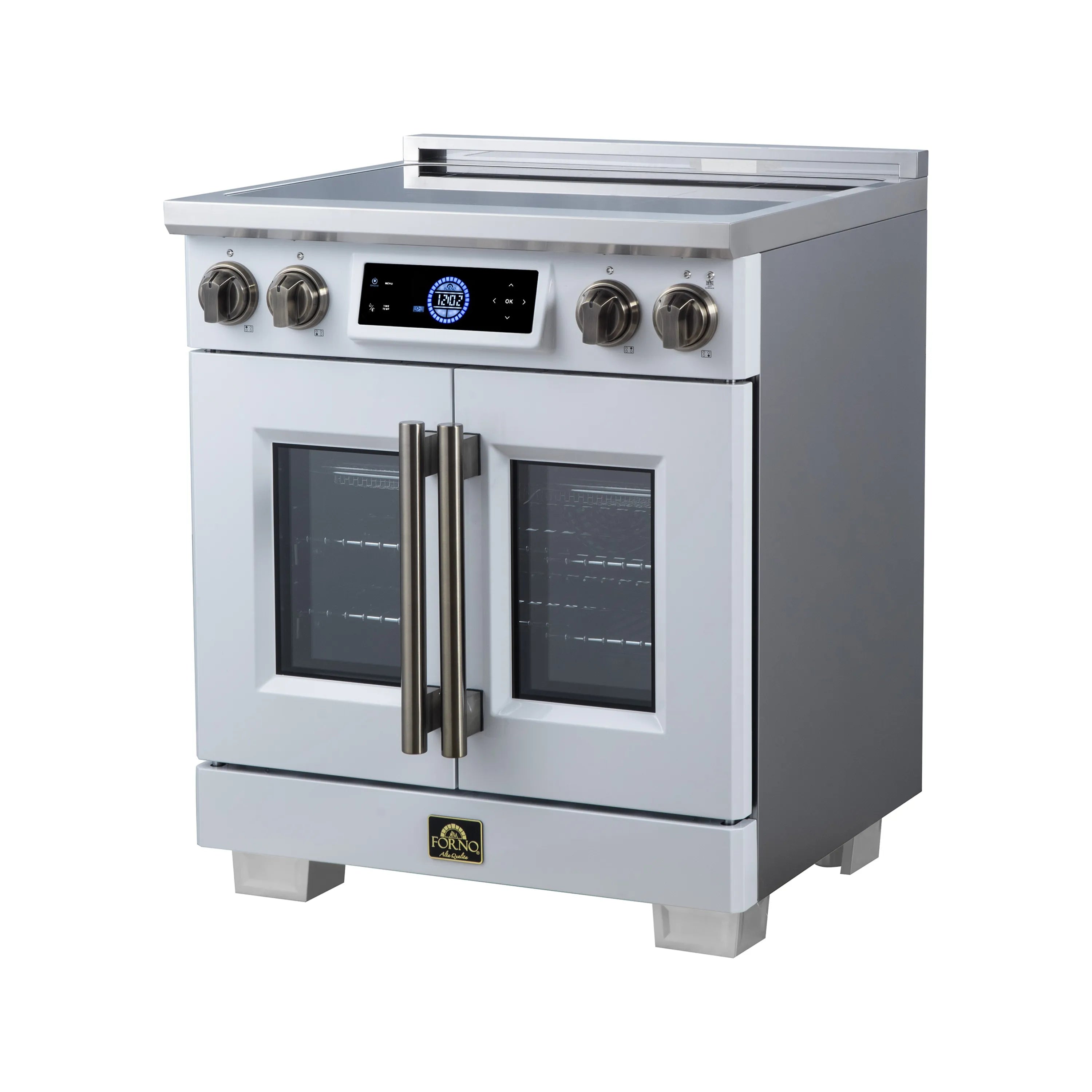 White induction range with French doors and brushed brass handle accents