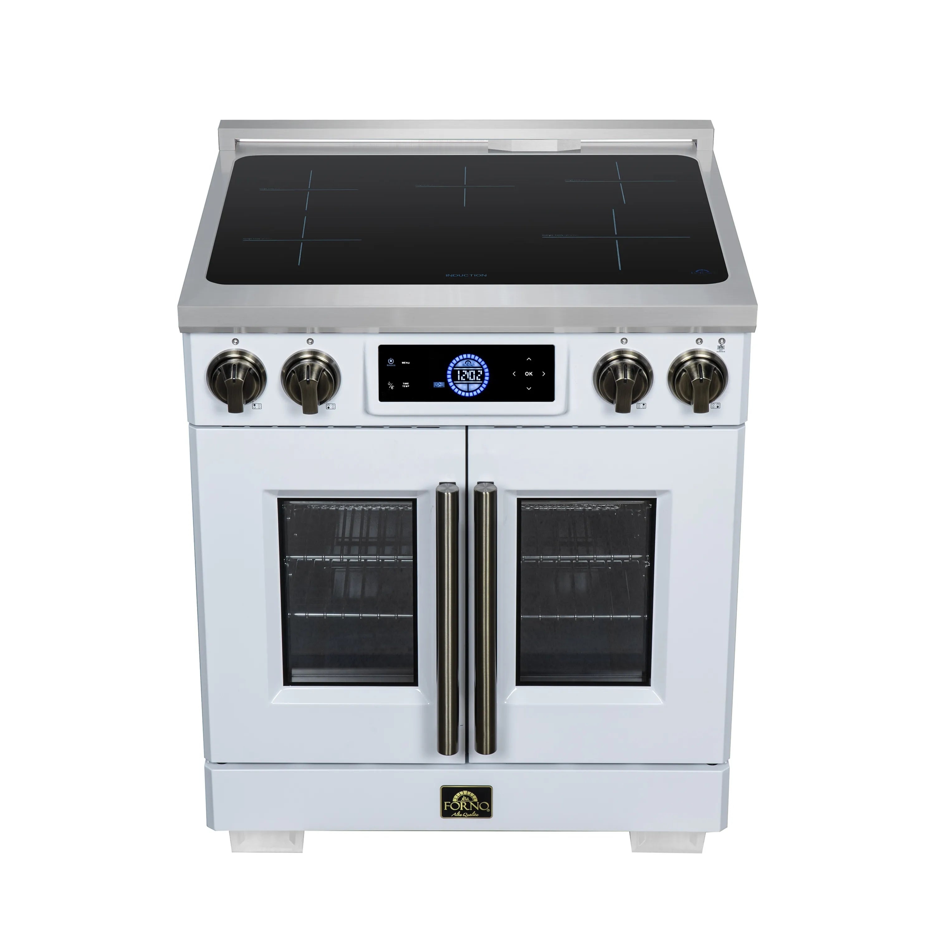 White induction range cooktop with black glass surface, four control knobs and display