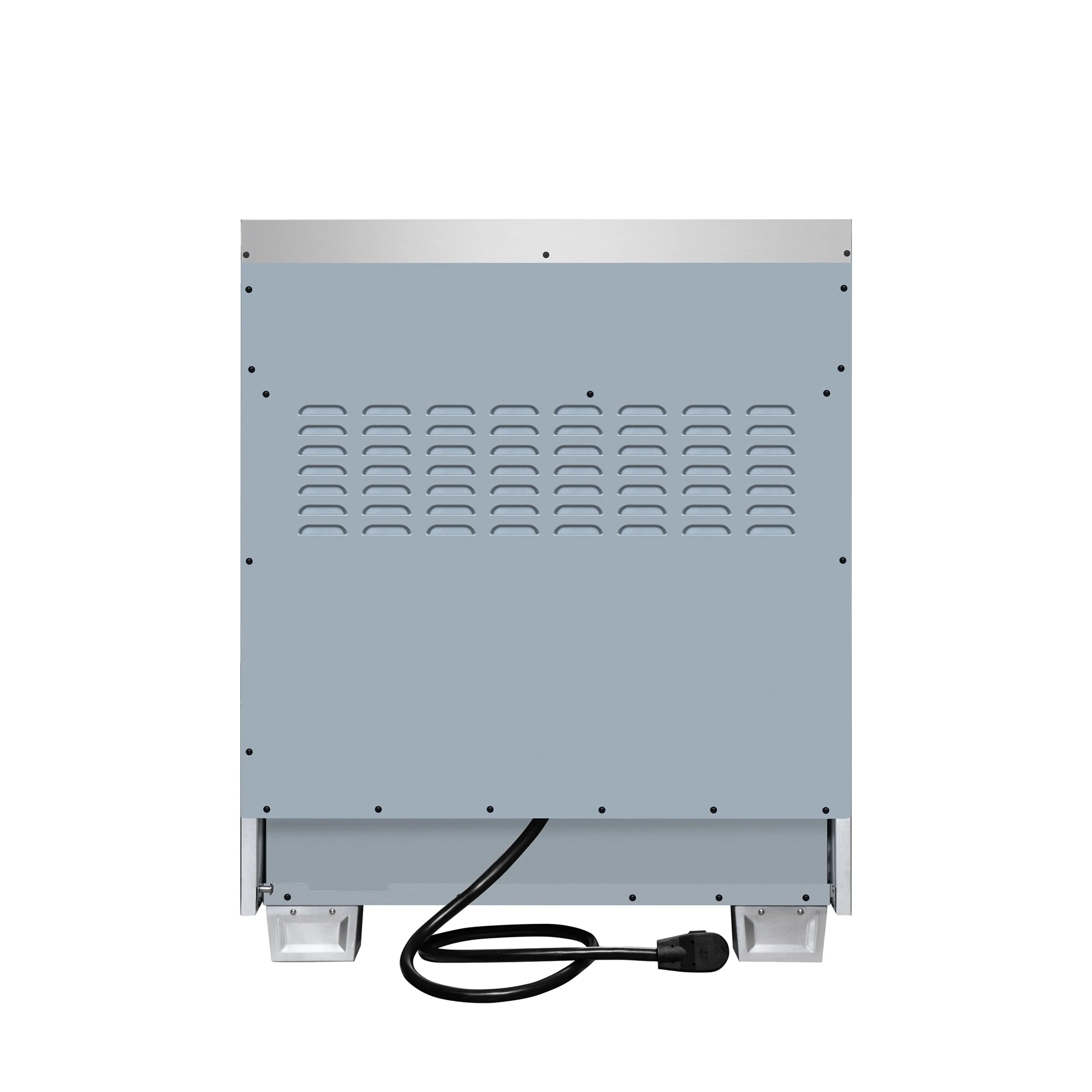 Induction range back panel with vented grille and power cord connection