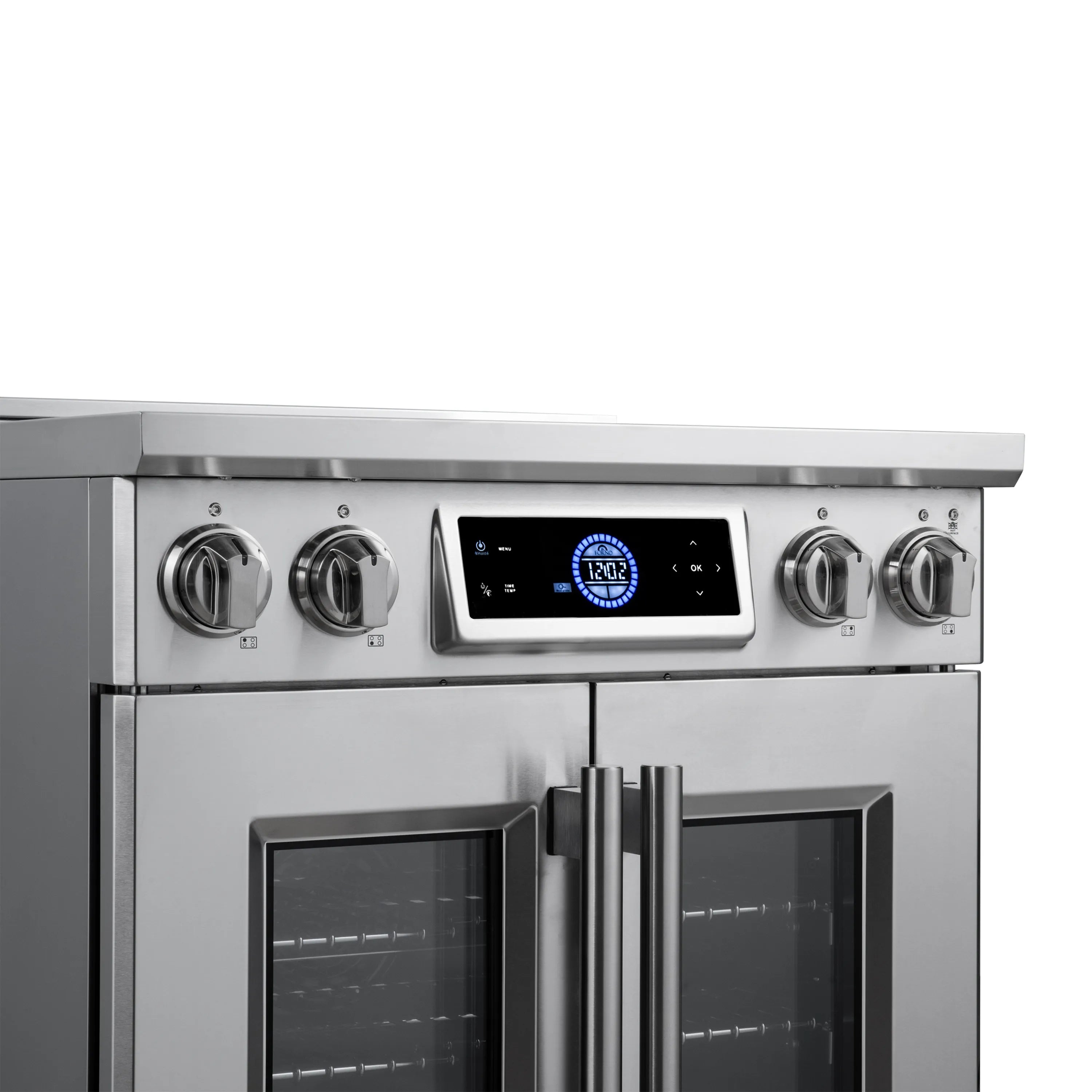 Stainless steel induction range control panel with knobs and display above dual ovens