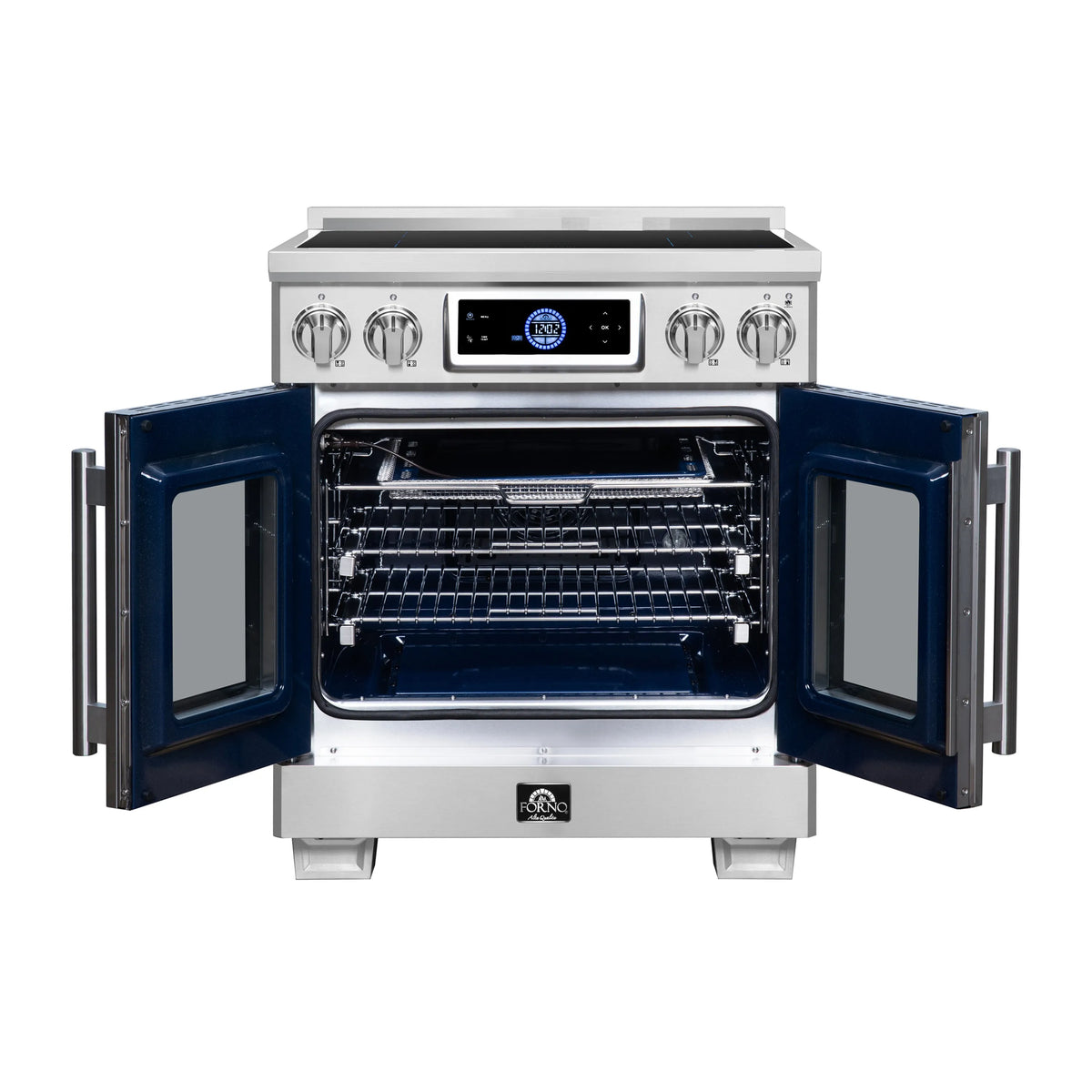 Stainless steel induction range with French doors open, showing oven racks