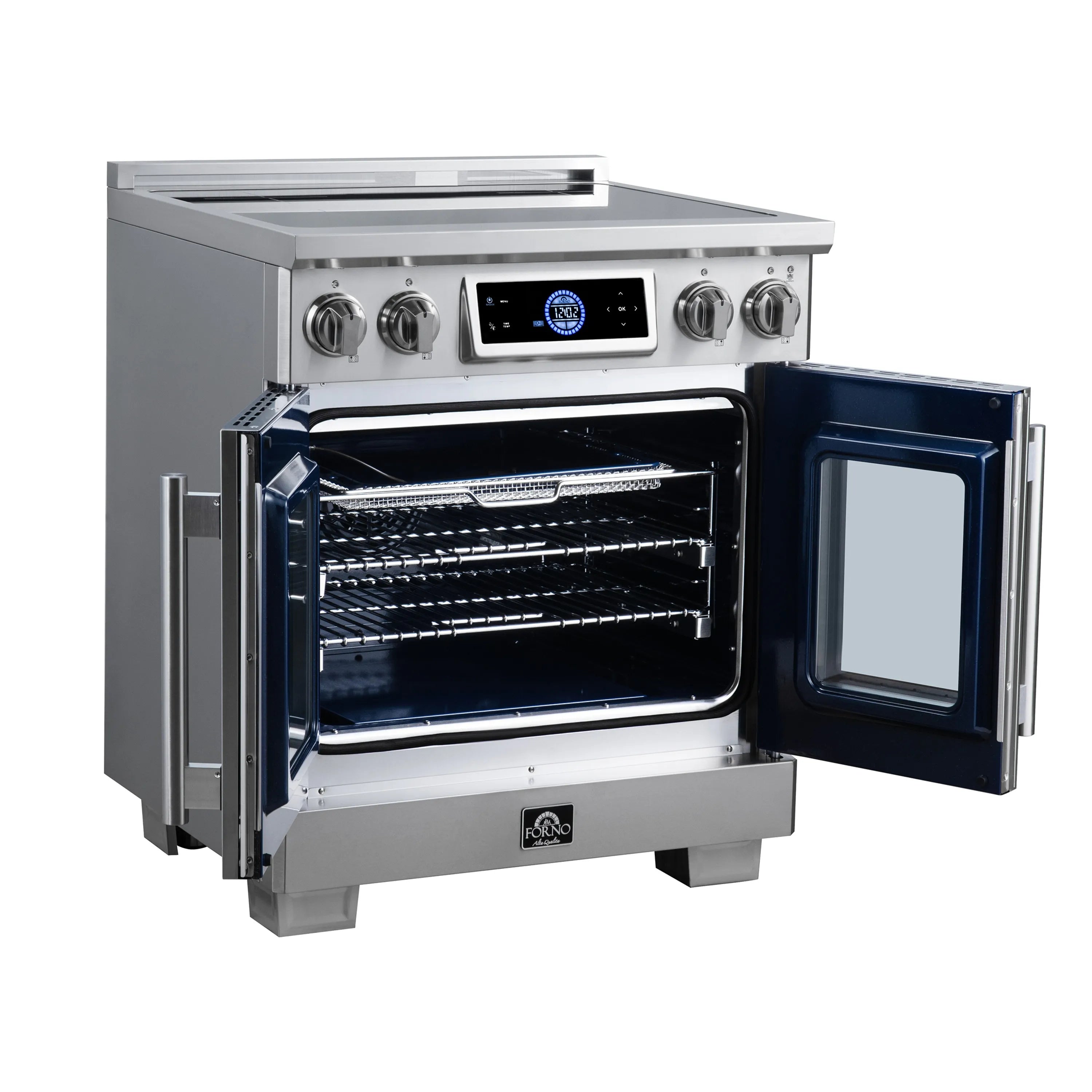 Induction range with oven door open, wire rack shelves visible inside