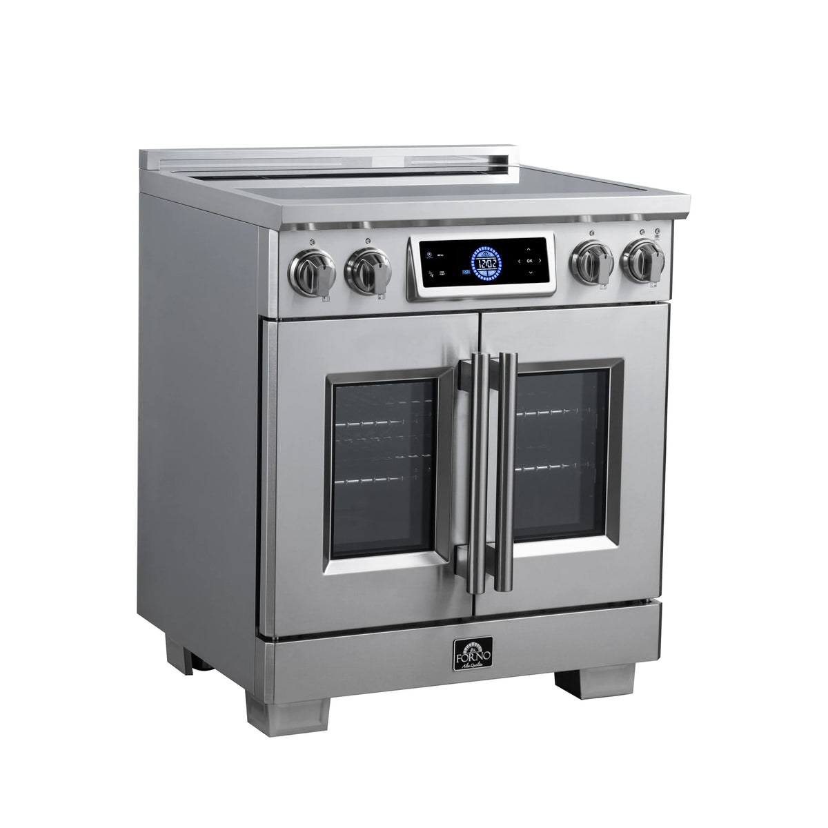 Stainless steel induction range front with French doors, knobs, and display panel