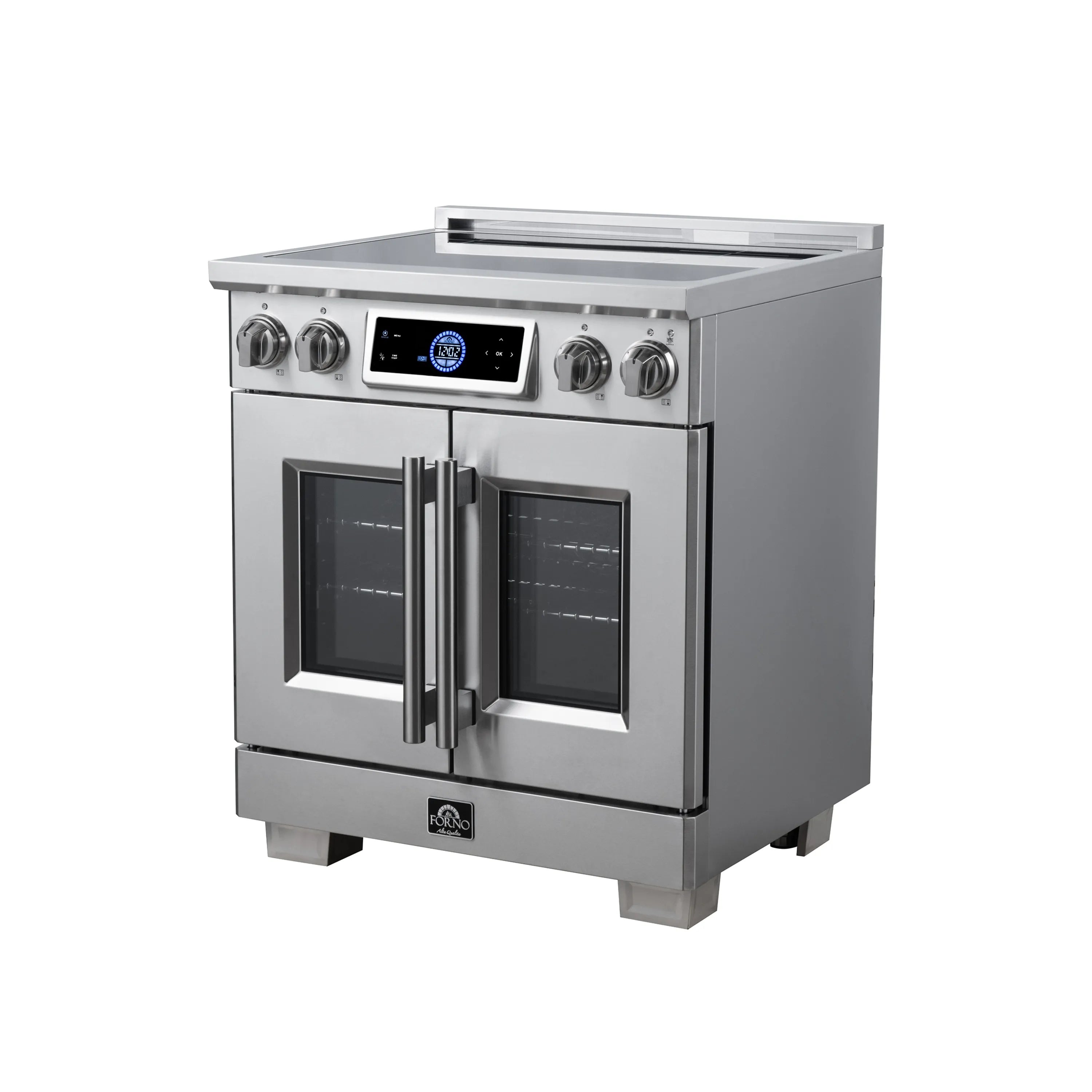 Stainless steel induction range with French doors and control knobs, built-in convection oven