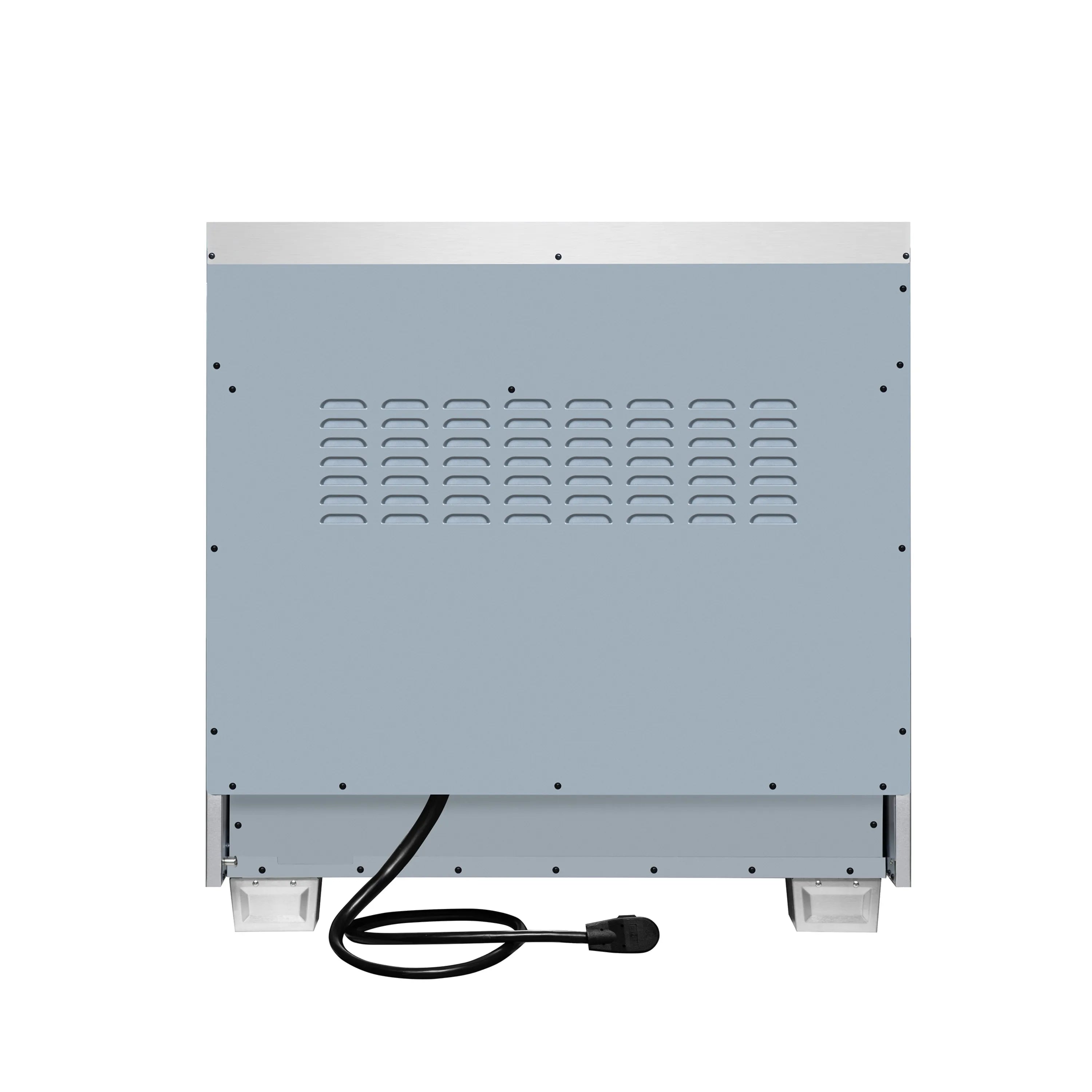 Back of black induction range showing vented metal panel and power cord connection