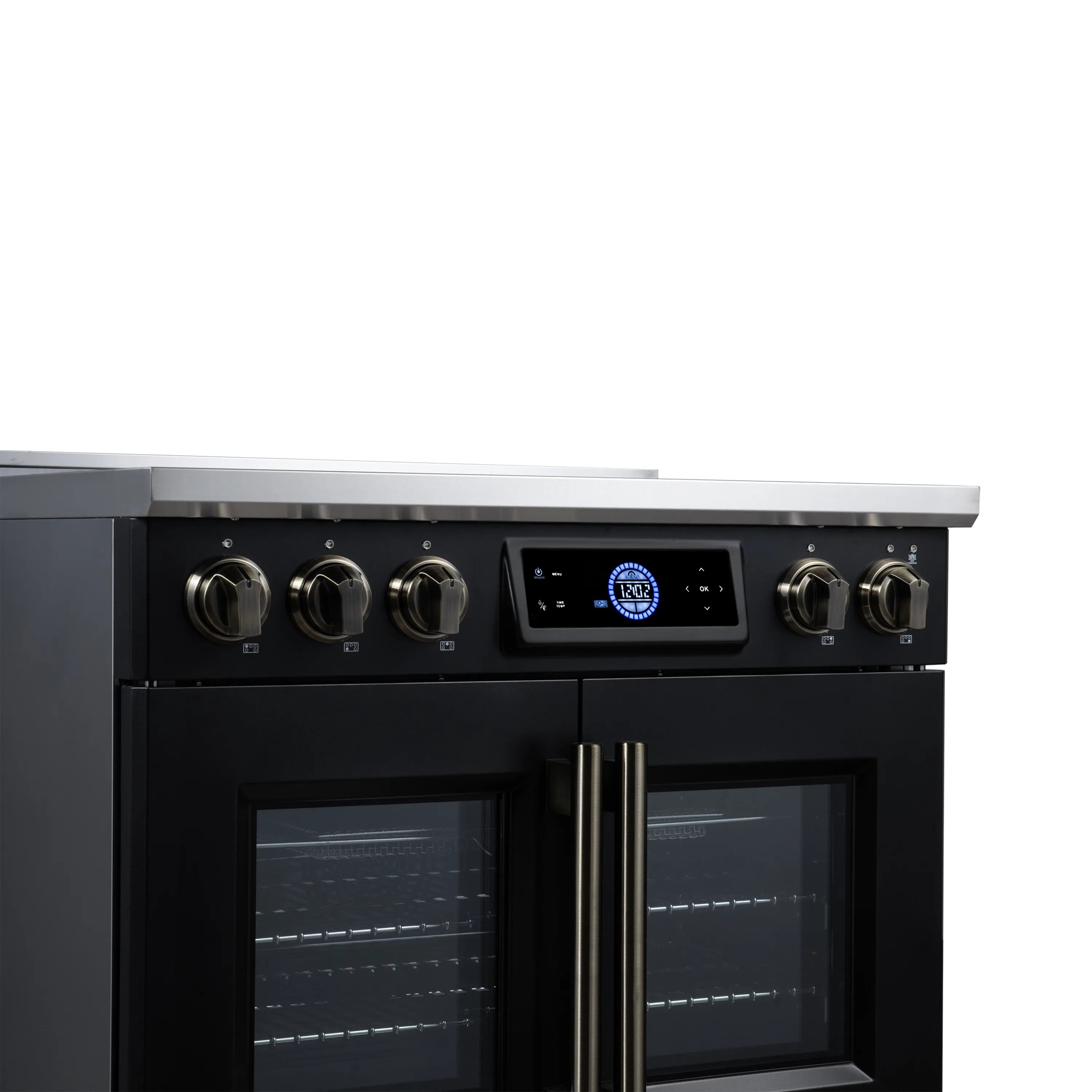 Black induction range control panel with brass-finish knobs and digital display