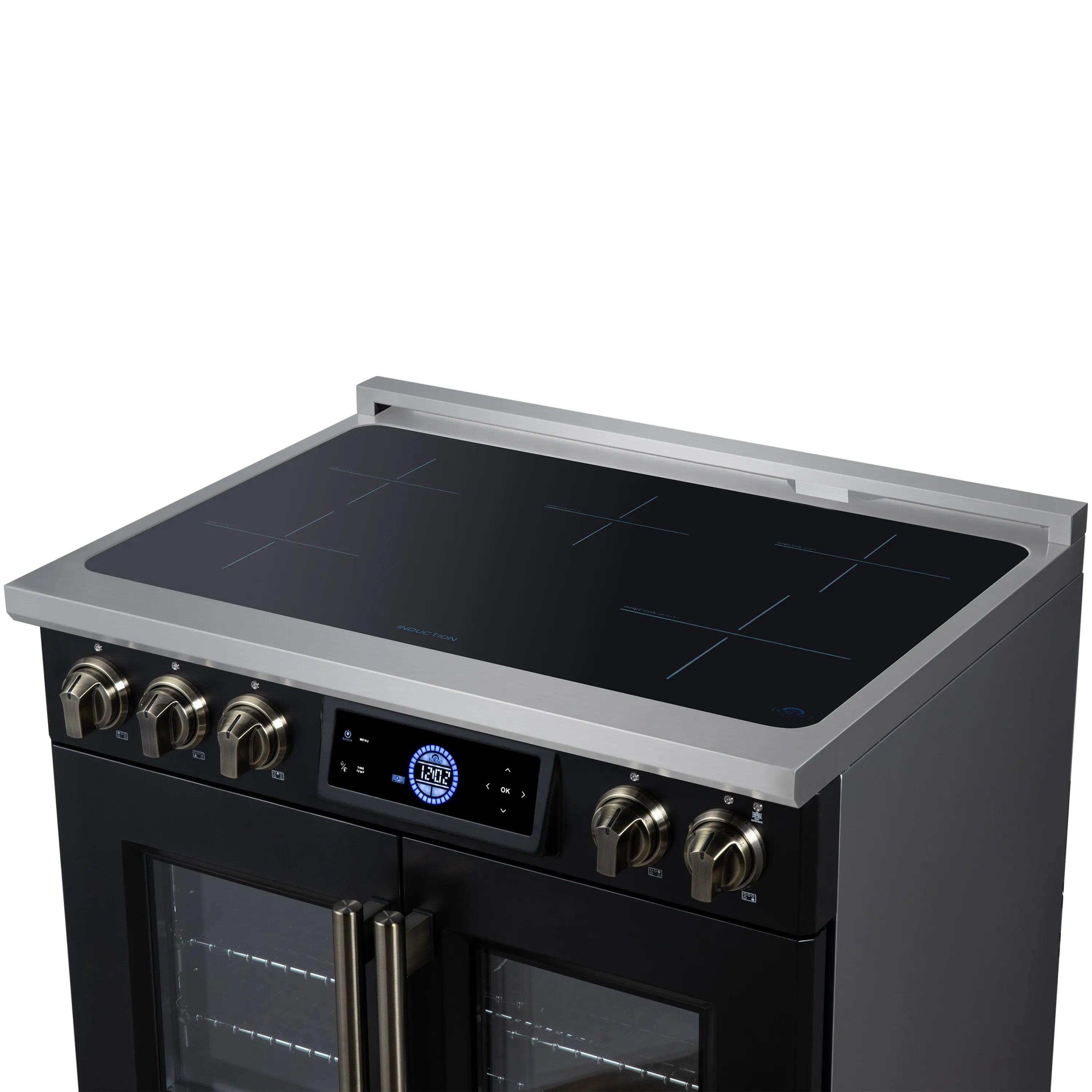 Black induction range with stainless cooktop and front control panel with knobs