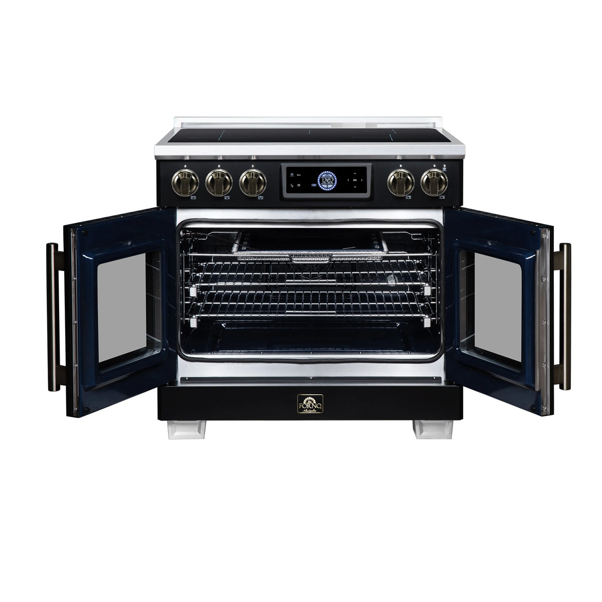 Black range with French doors open, wire racks in convection oven cavity