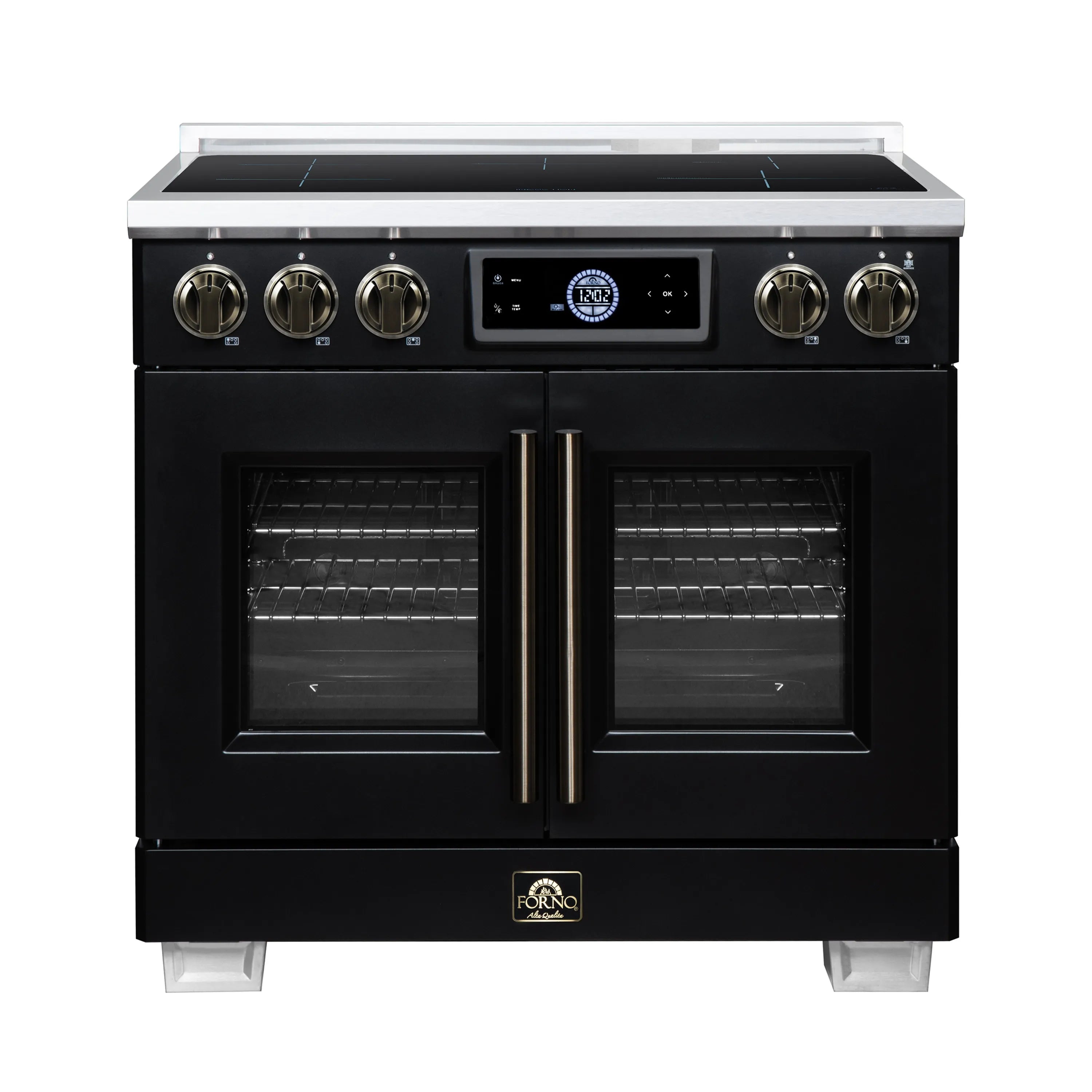 Black induction range front with French-door oven and brass-finish control knobs
