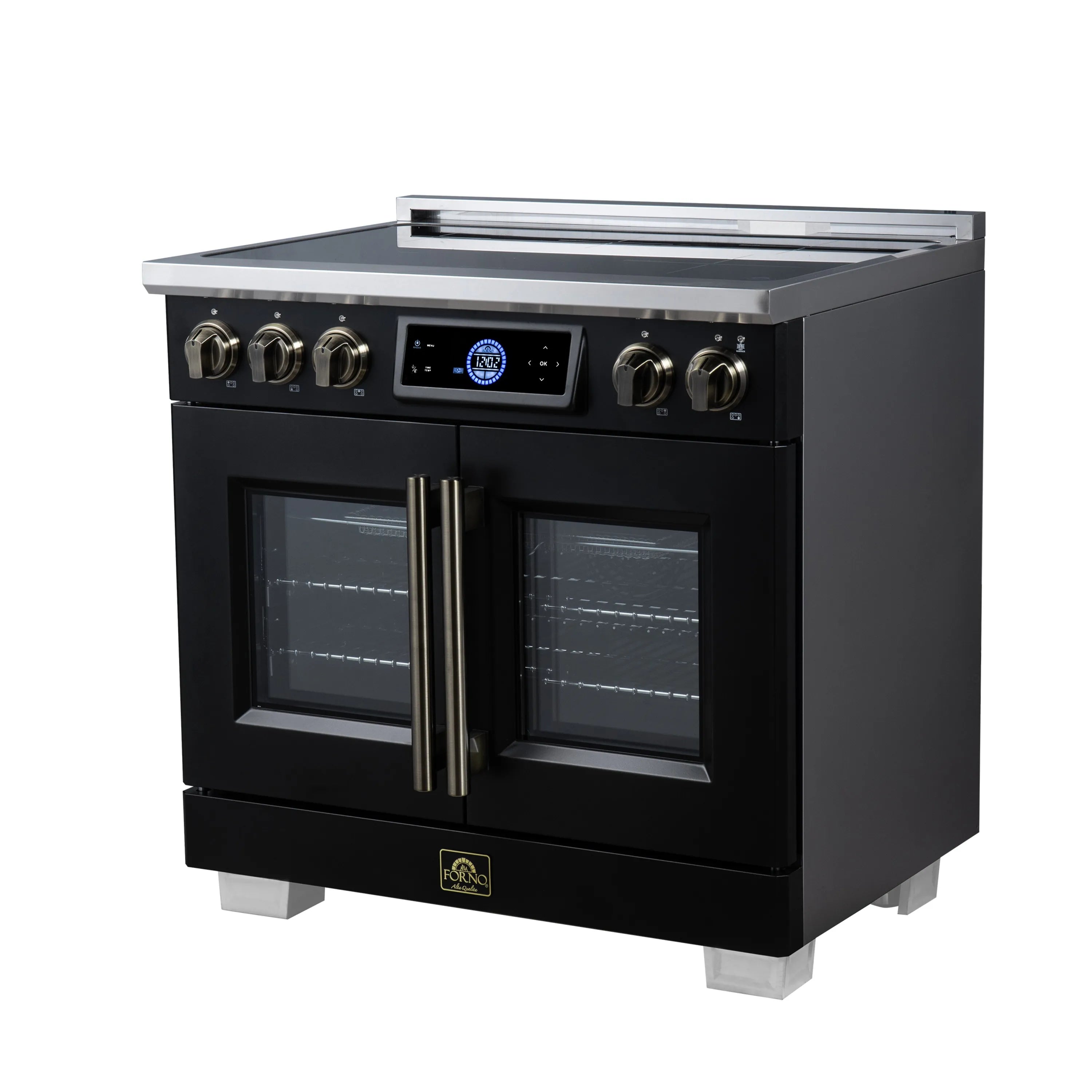 Black induction range with French-door oven, dual glass doors, and brass-finish handles