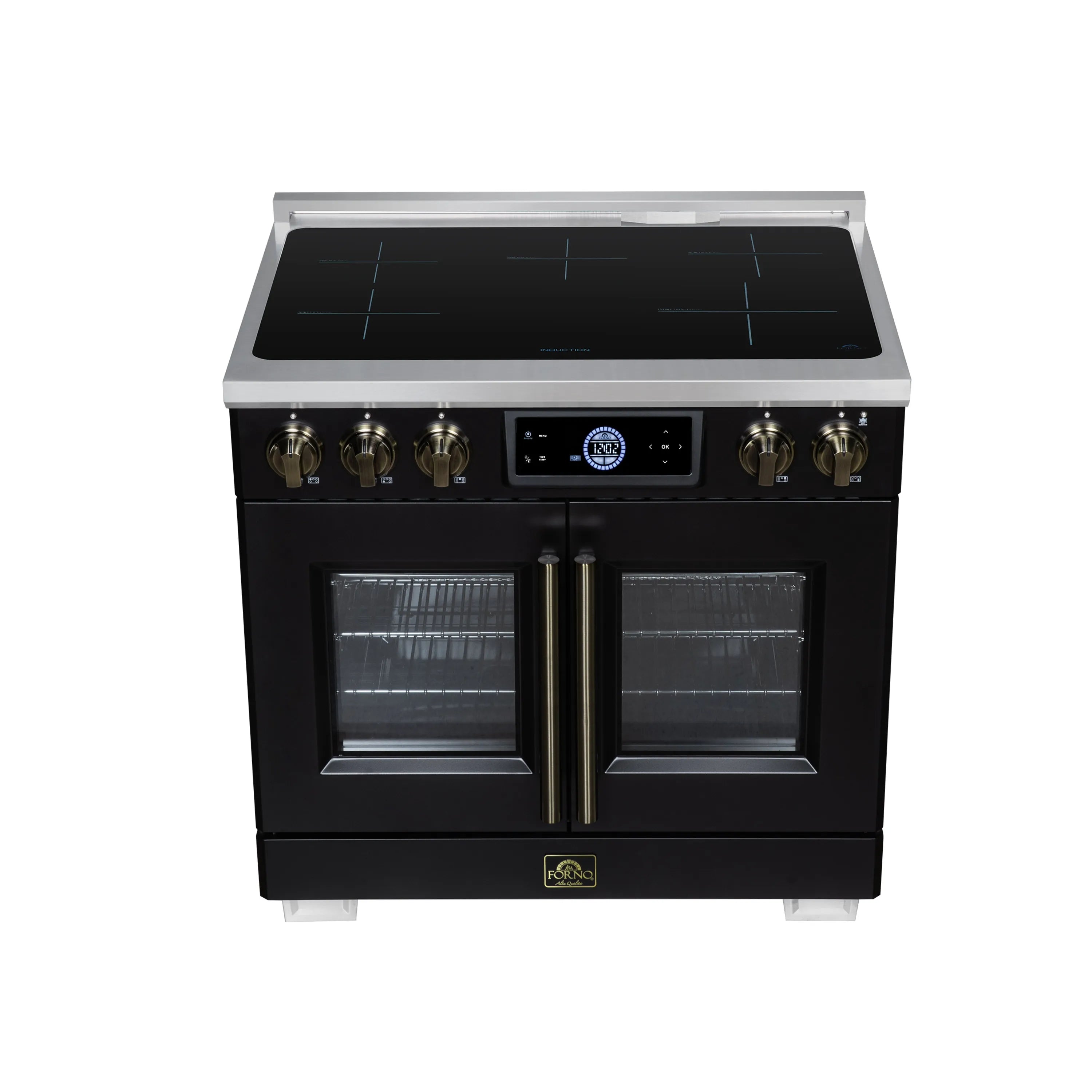 Black induction range with French-door convection oven and brass-finish control knobs