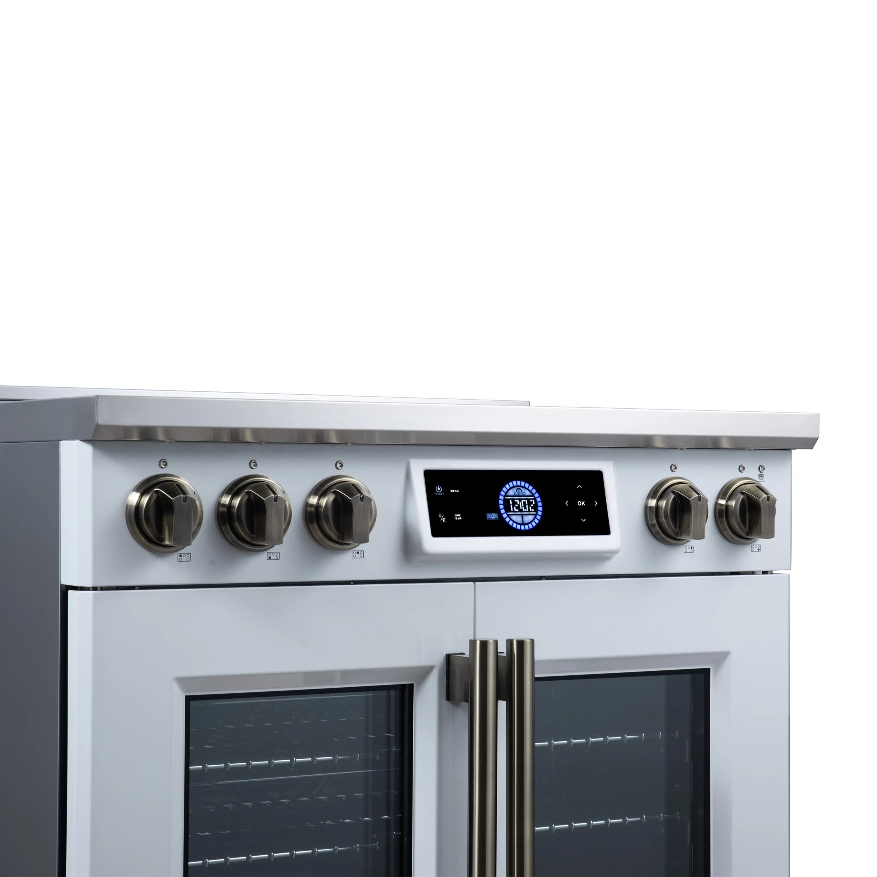 French door induction range with brass knobs and digital display on center control panel