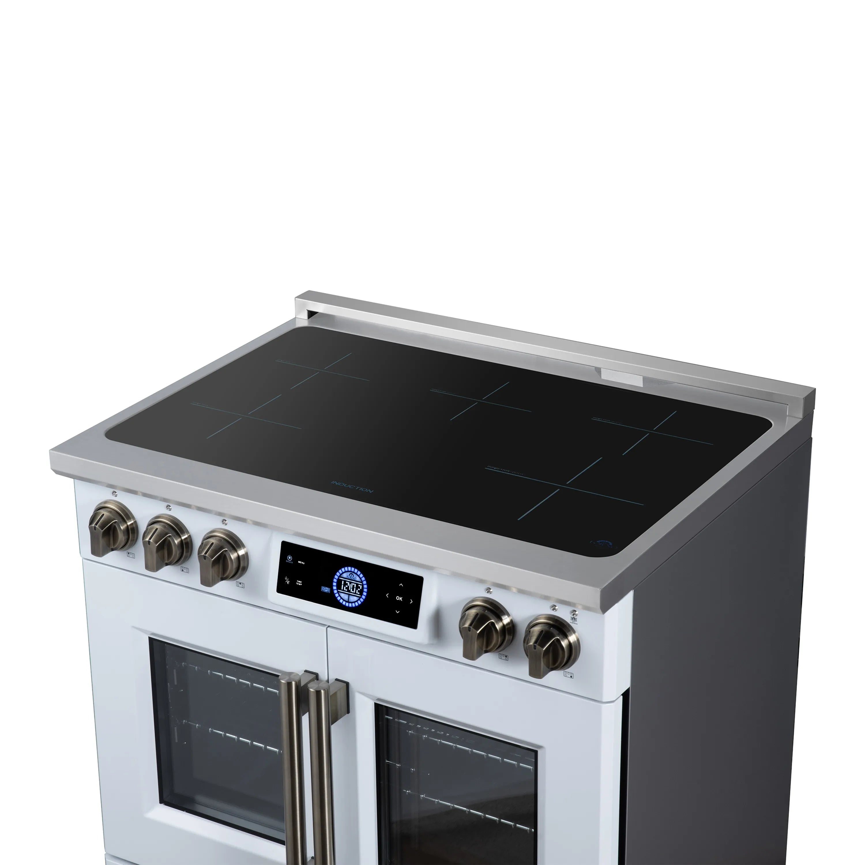 White induction cooktop surface with round brass knobs and dual French-door oven