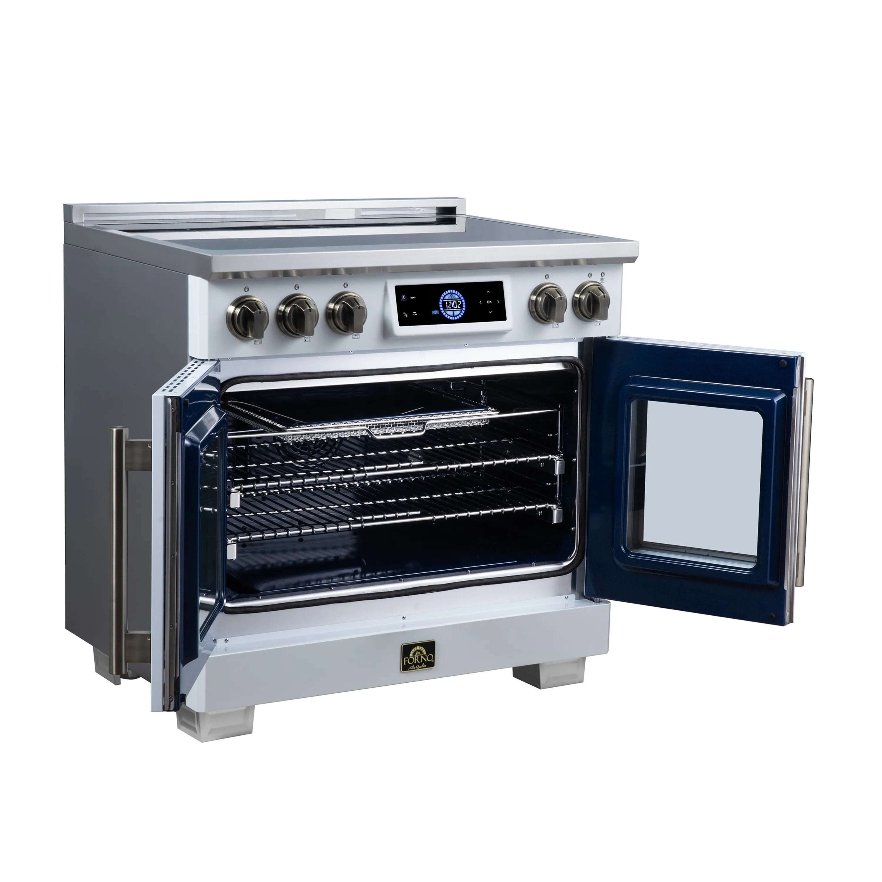 White induction range with open French-door oven and visible wire oven racks