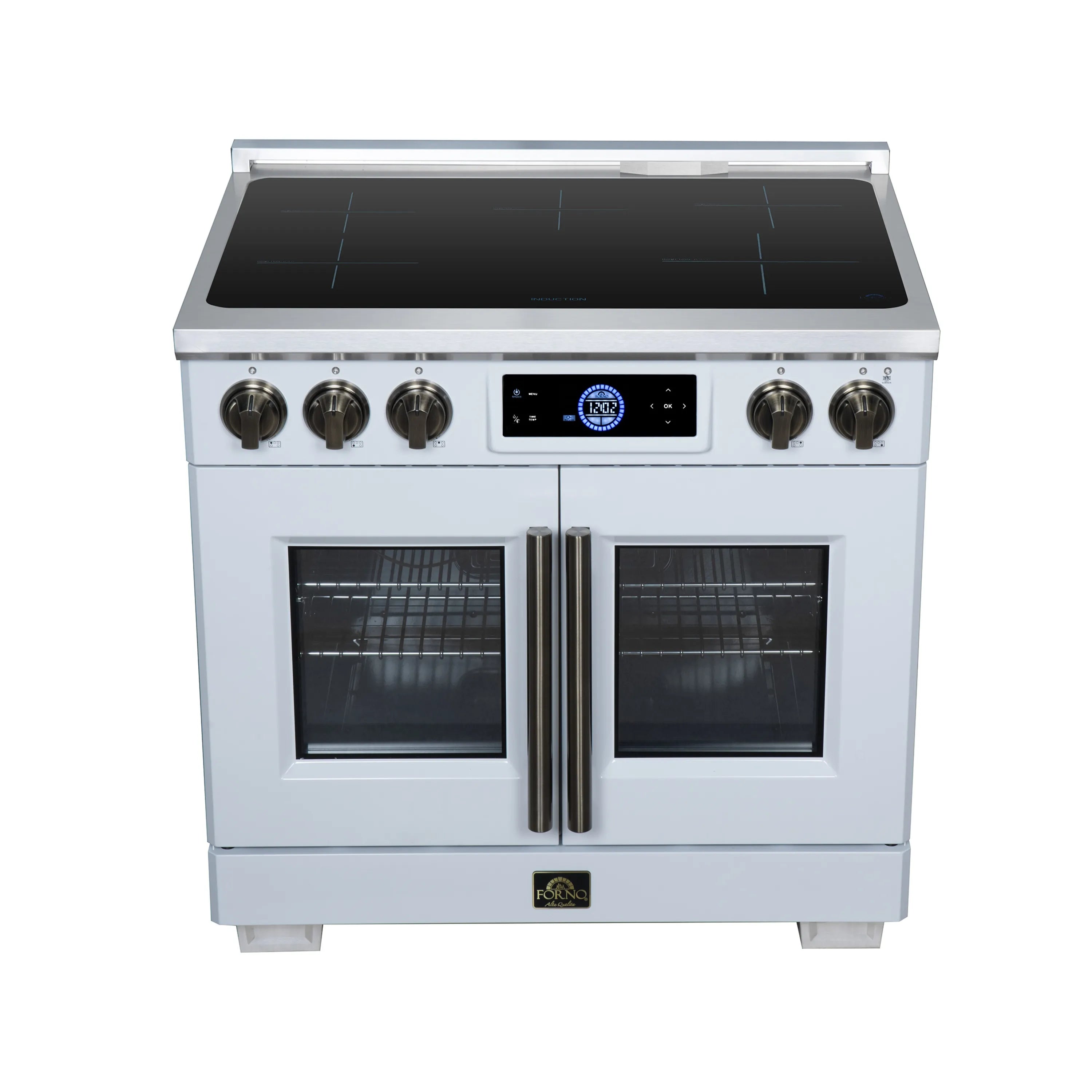 36-inch white induction range with French doors and black glass cooktop