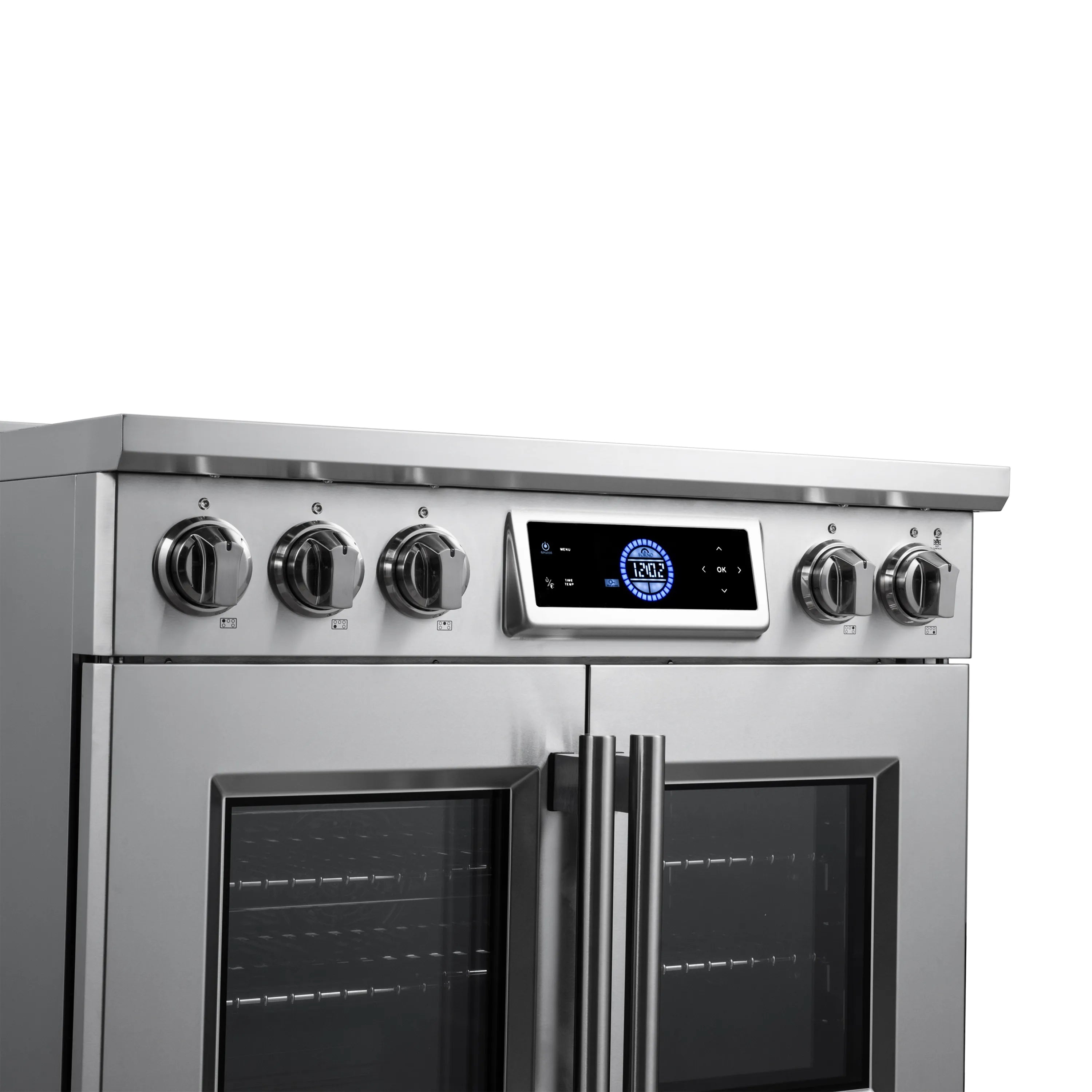 Stainless steel induction range control panel with digital display and oven doors