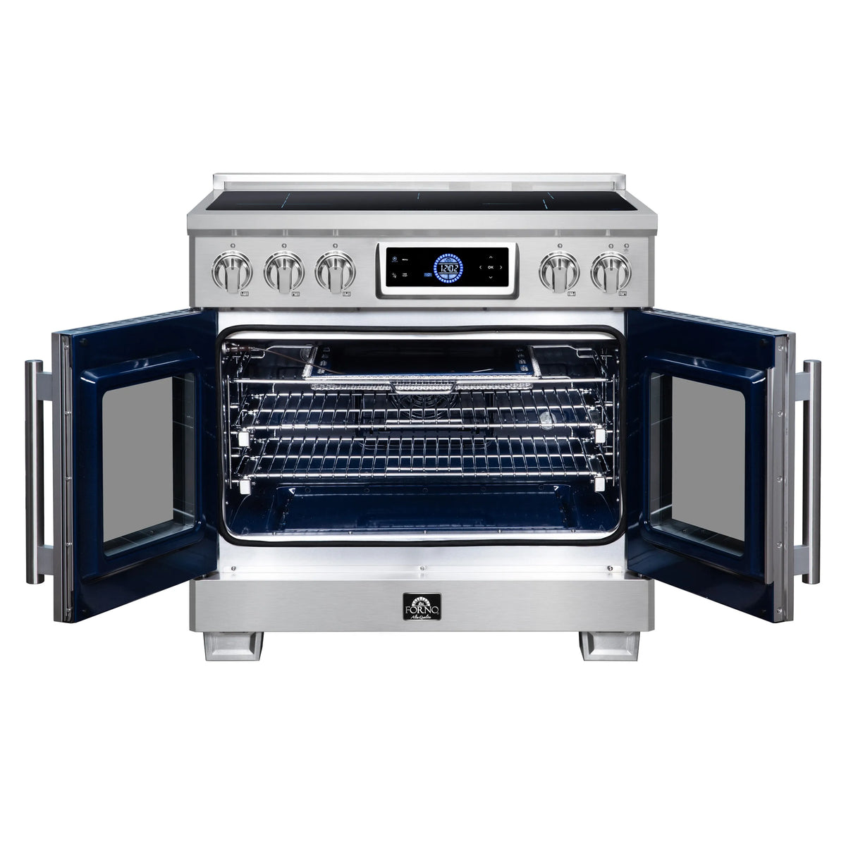 Induction range with both oven doors open, showing blue interior and racks