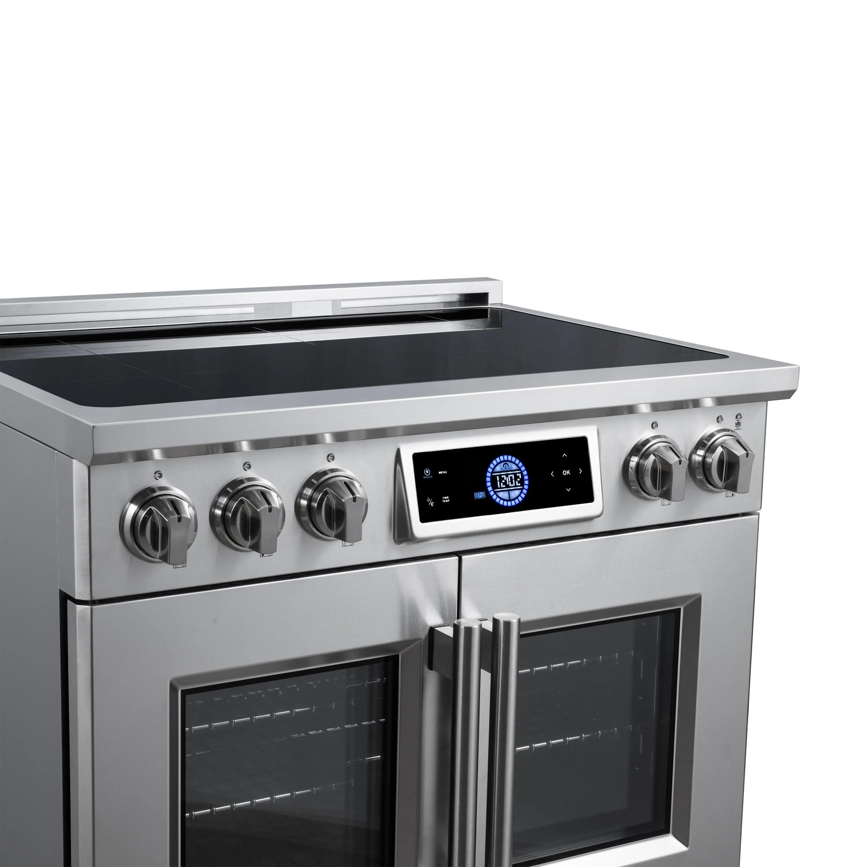 Induction range front view with stainless knobs and central digital display