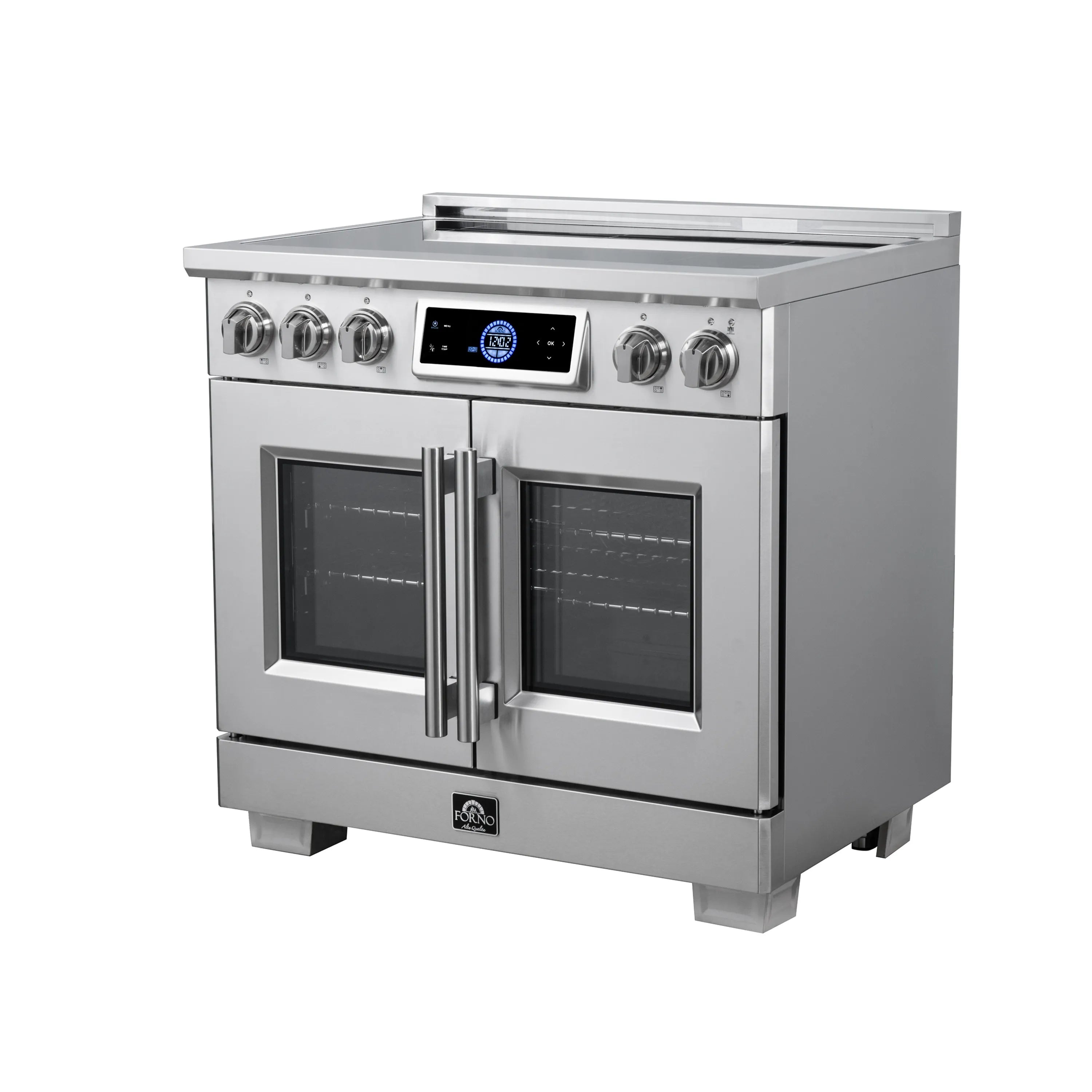 Stainless steel induction range with French doors closed and front control knobs