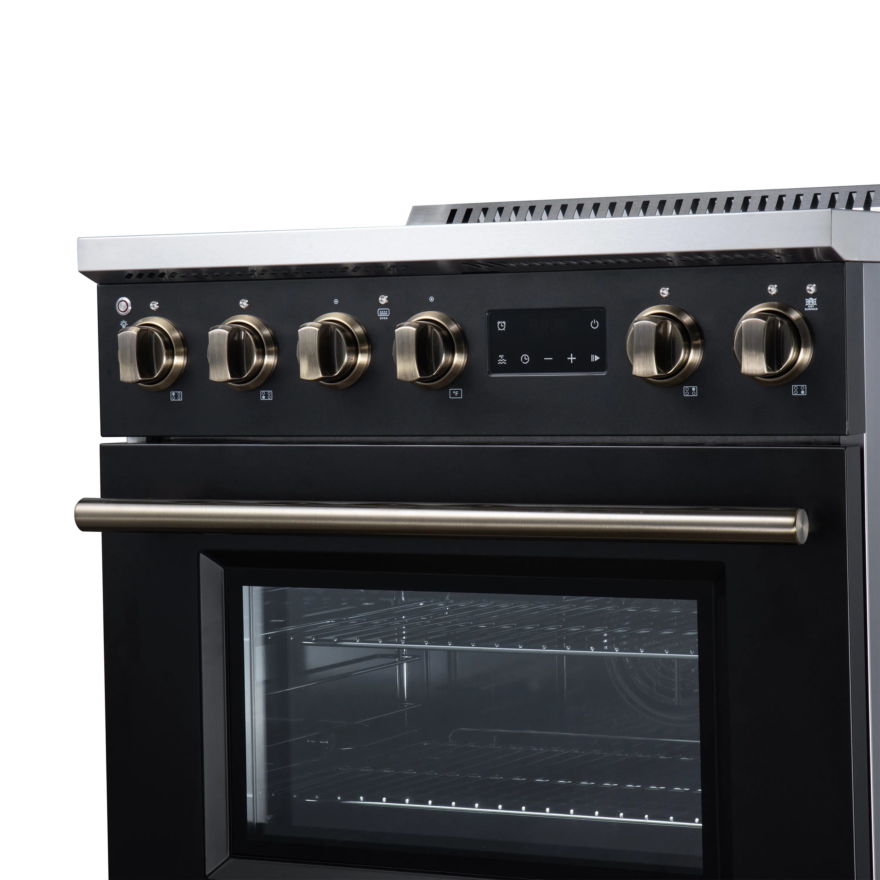 Black induction range front with gold knobs and glass oven door