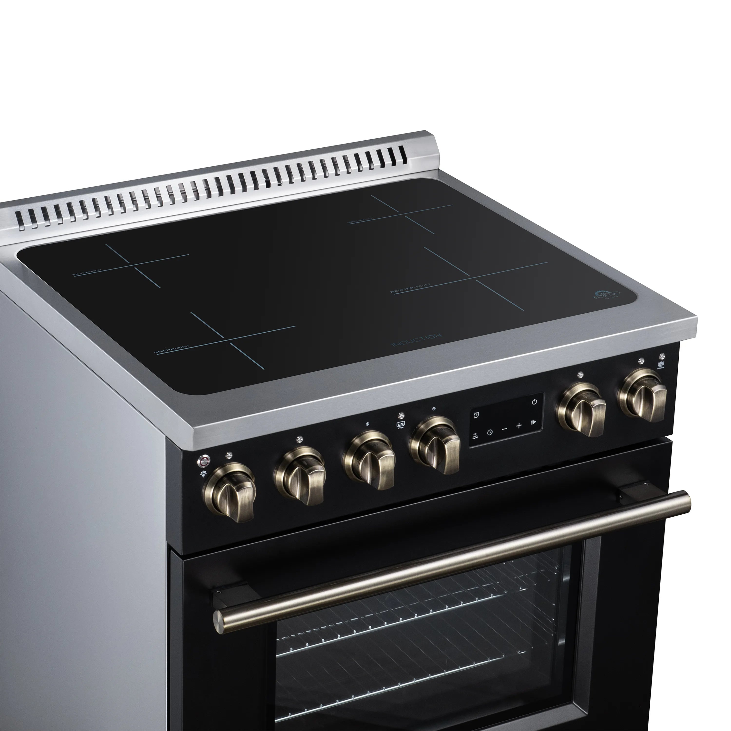 Black cooktop and front controls on induction range with oven window