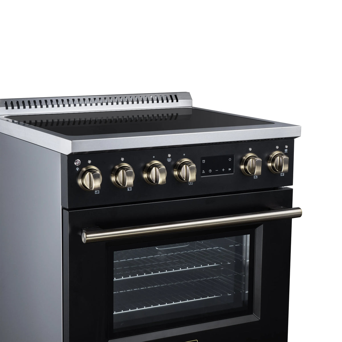 Black induction range cooktop with brass knobs and oven window below