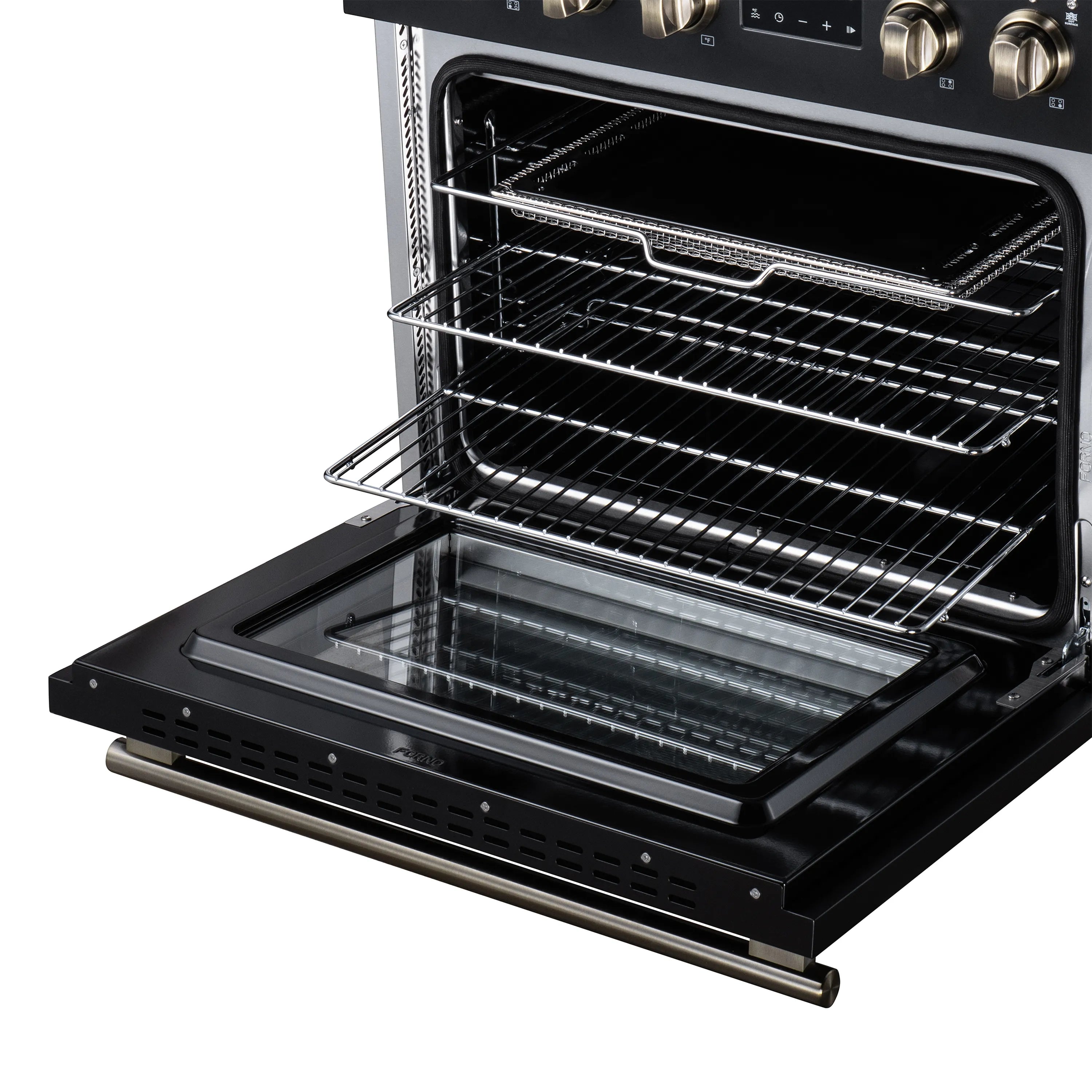 Open oven interior with wire racks and pull-out tray for grilling and roasting