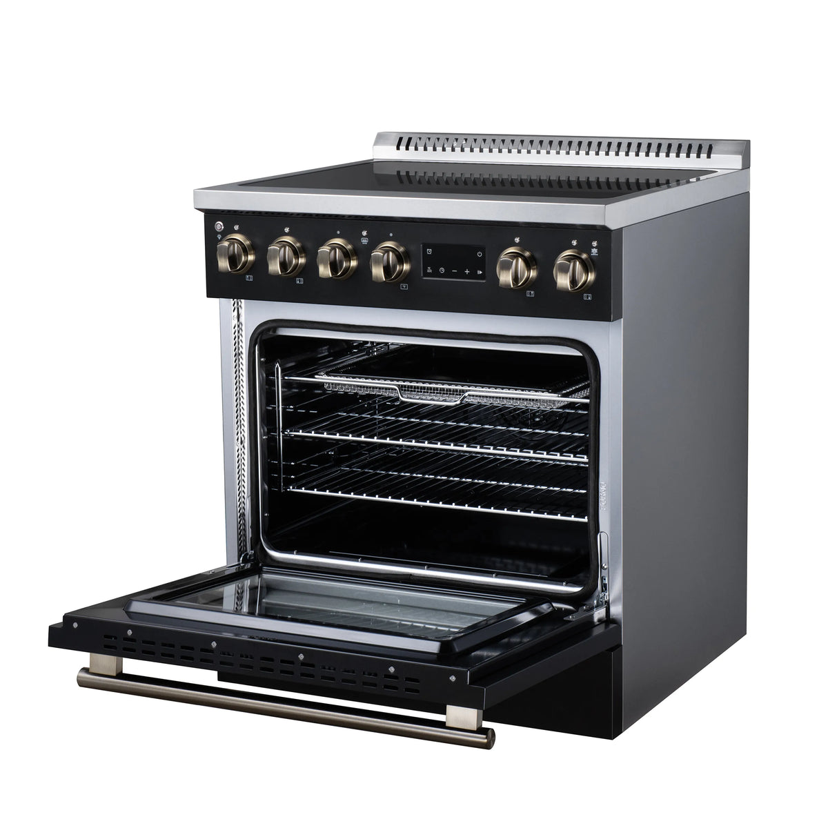 Black induction range with open oven door, interior racks, and pull-out baking tray