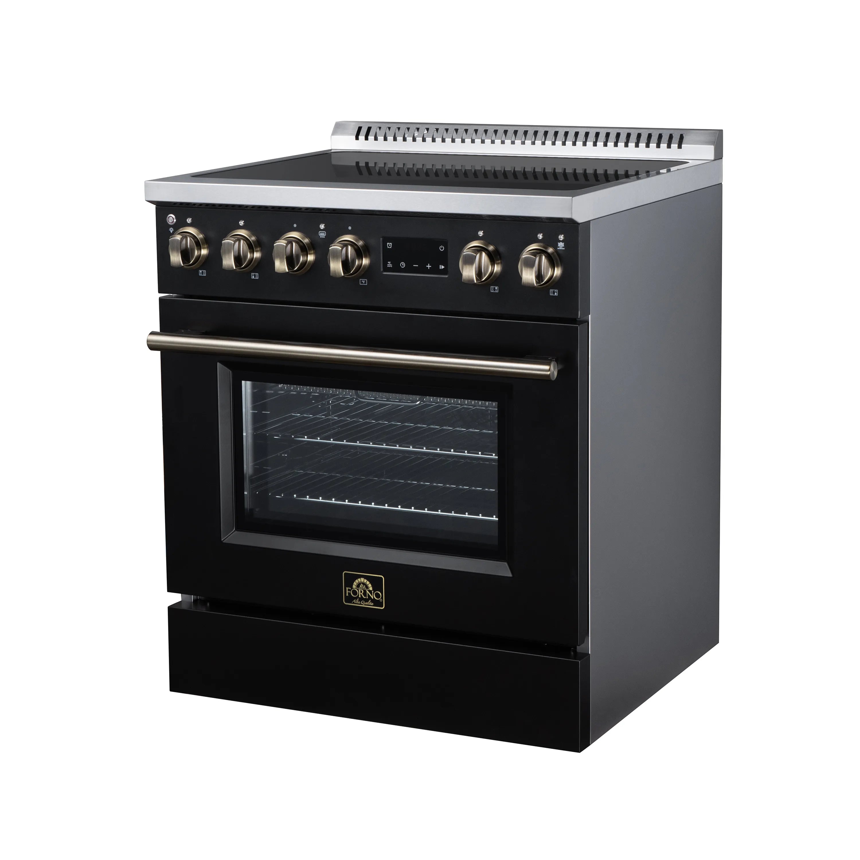 Black induction range with brass knobs and closed convection oven door with logo