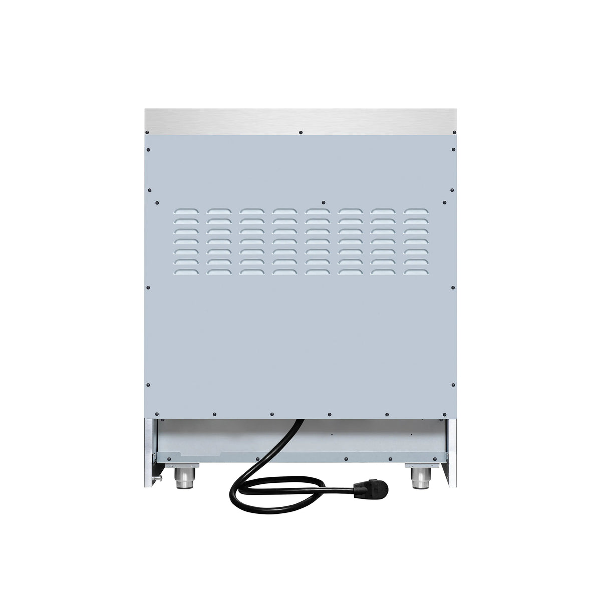 Induction range back panel with vented grill and attached power cord