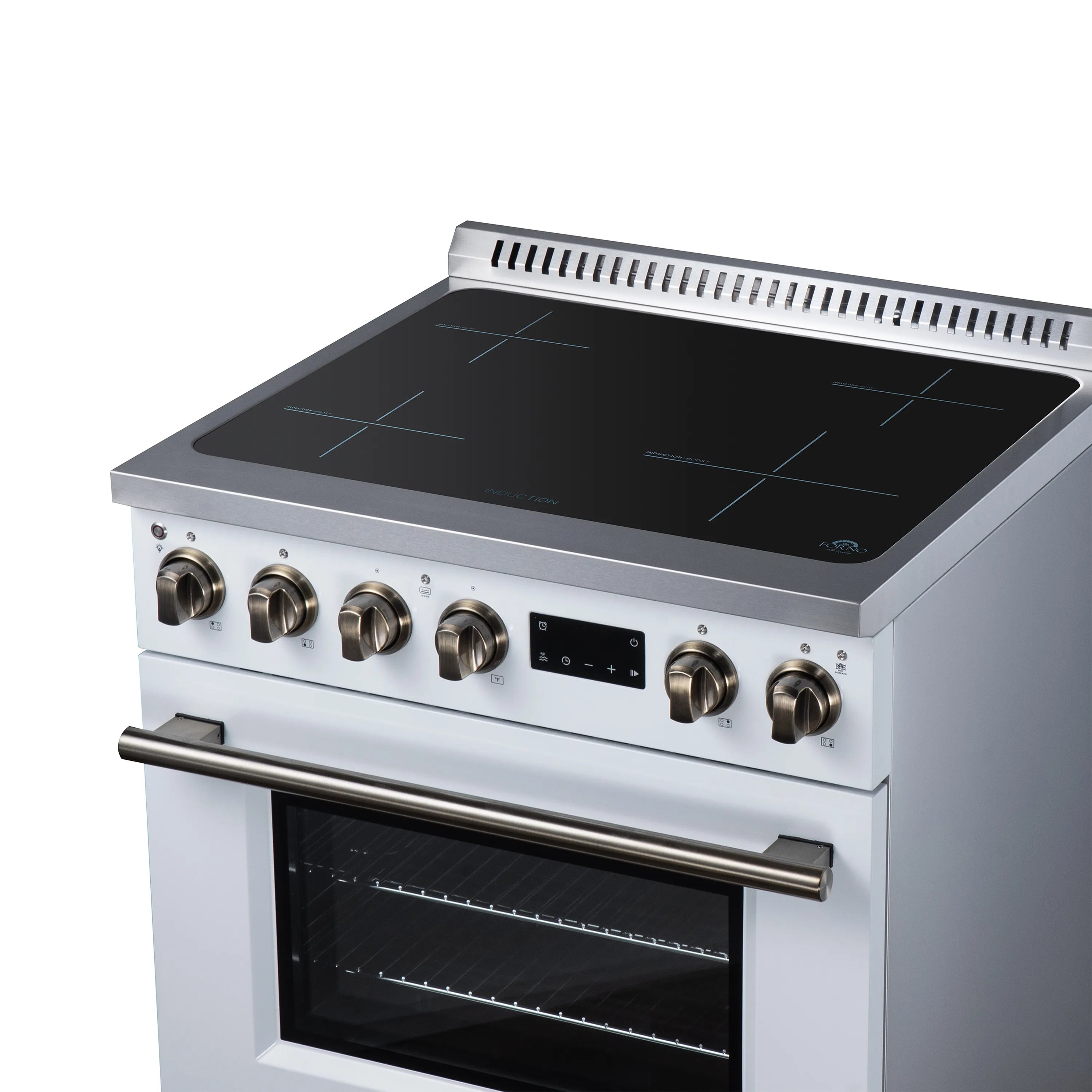 White induction range featuring black cooktop glass, brass knobs, and oven viewing window