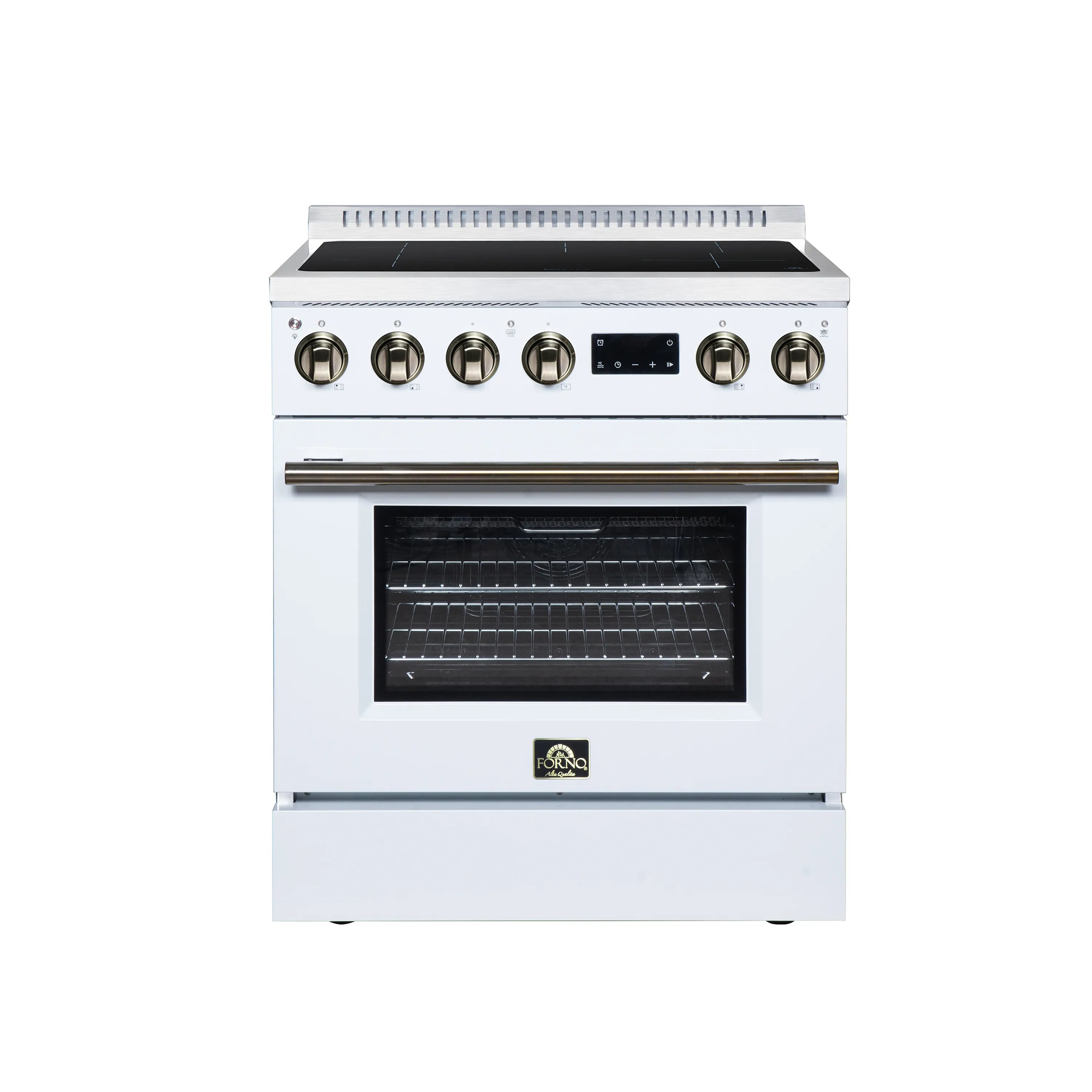 White 30-inch induction range with cooktop controls, brass knobs, and oven door window