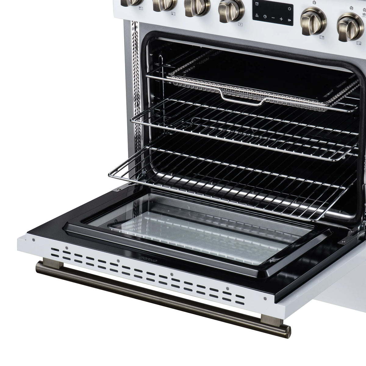 Open oven with lower rack and pull-out baking tray, white induction range
