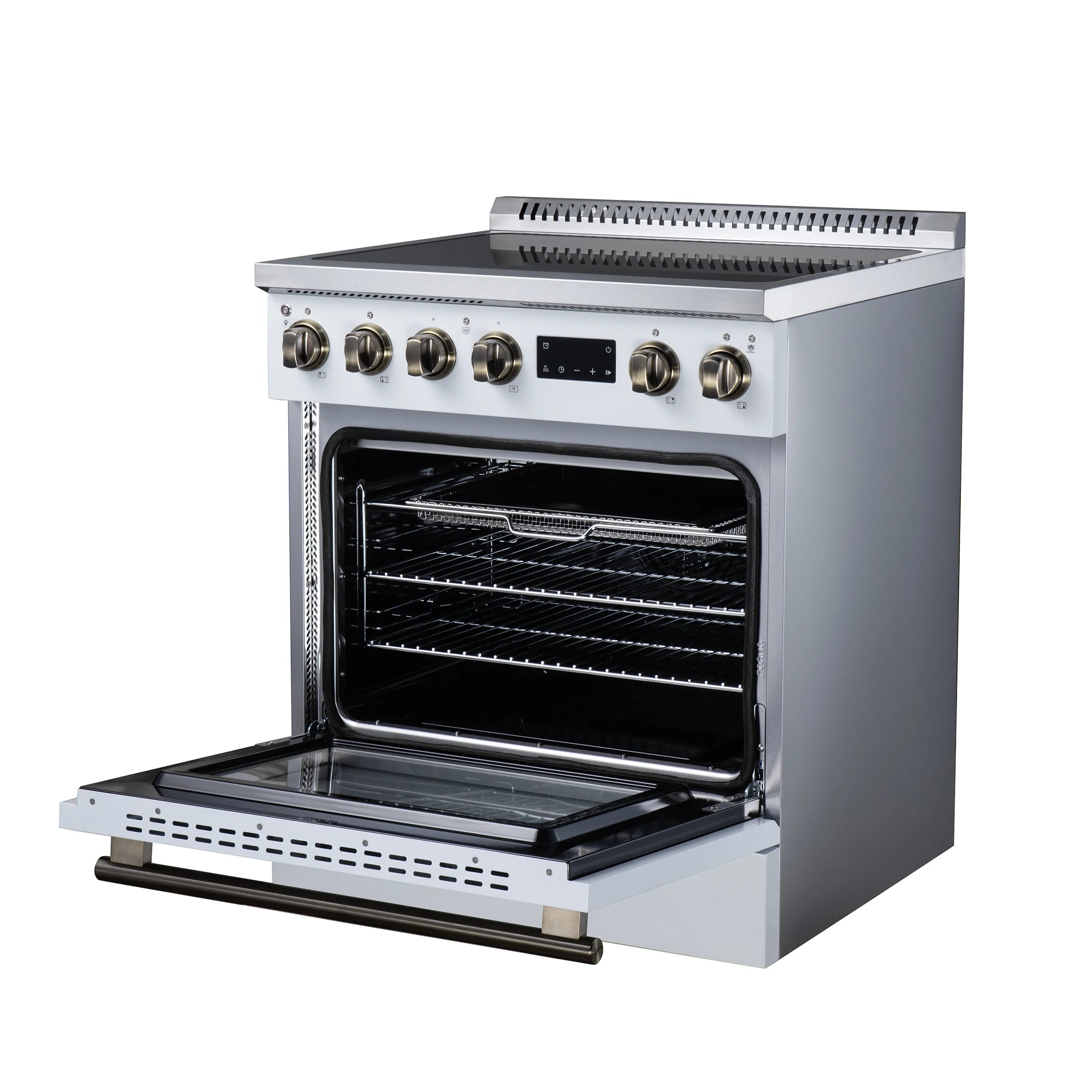 Open oven door showing wire racks and baking cavity, white induction range