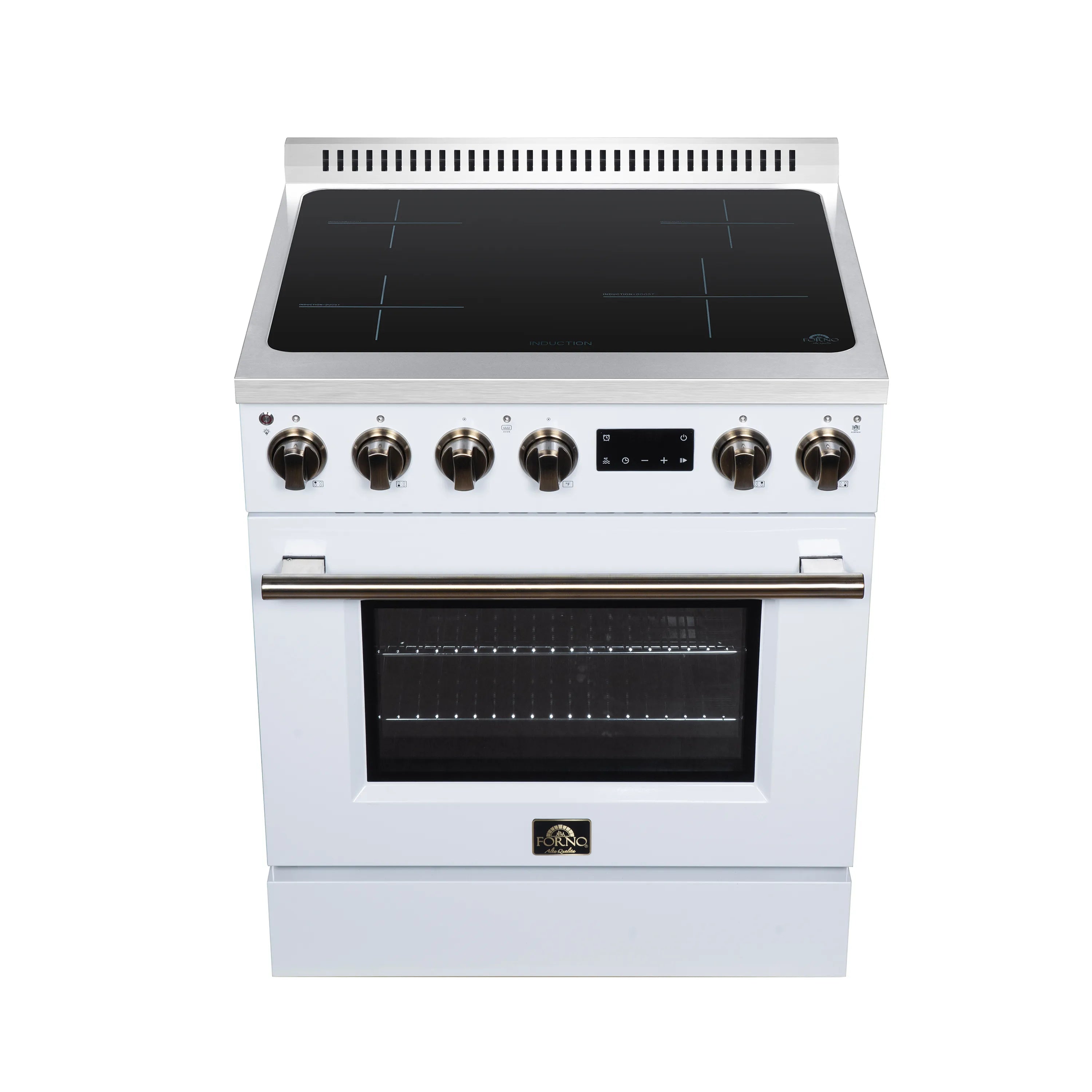 White induction range with black glass cooktop and oven door, front control panel