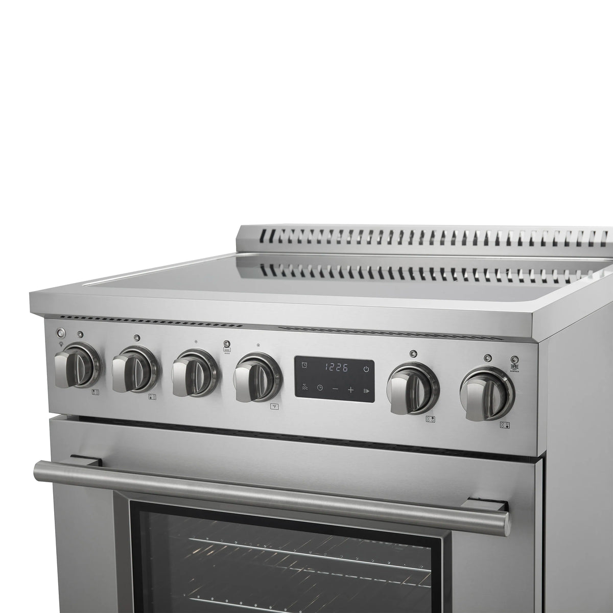 Stainless steel induction range front panel with knobs and digital display