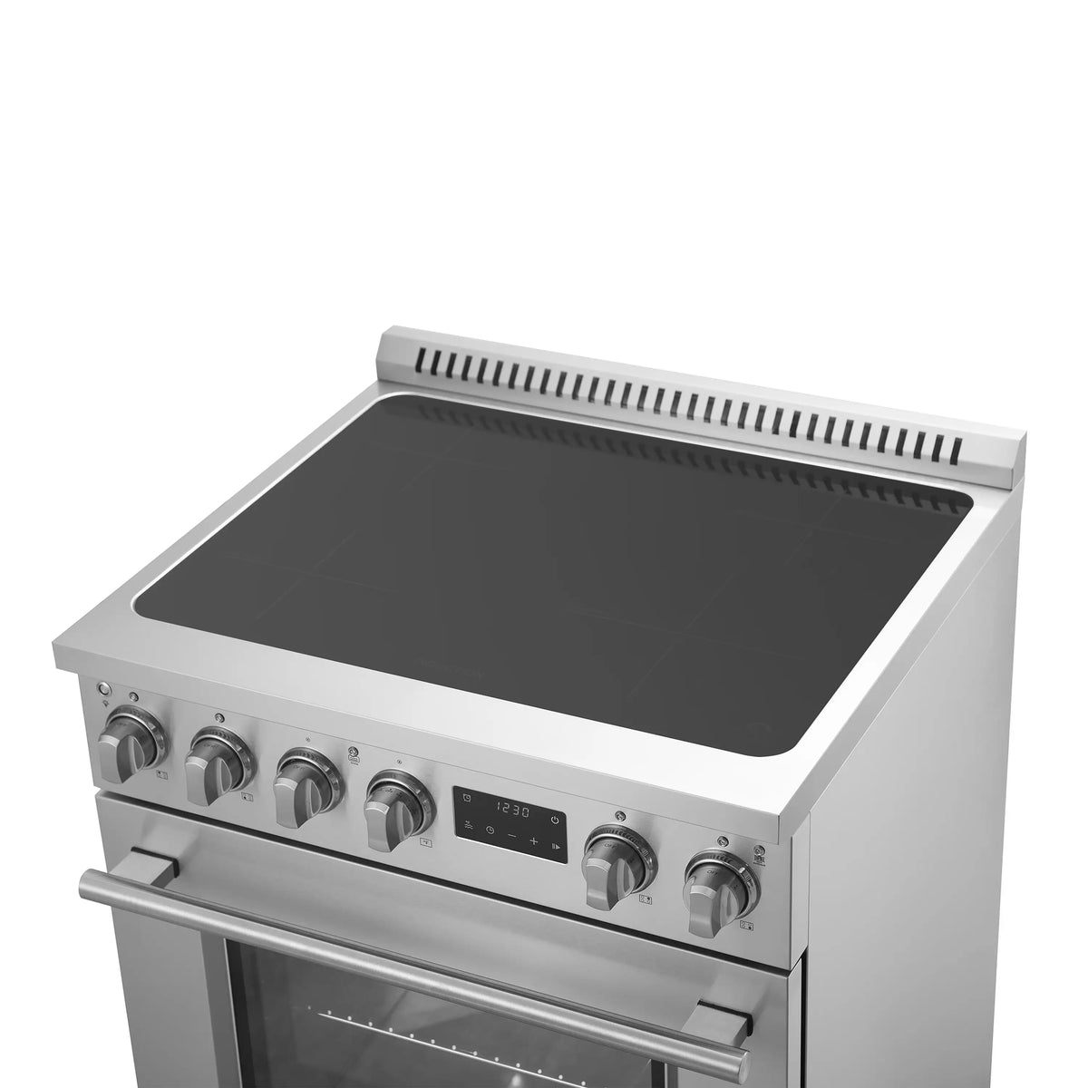 Stainless steel induction range with black cooktop and oven door handle
