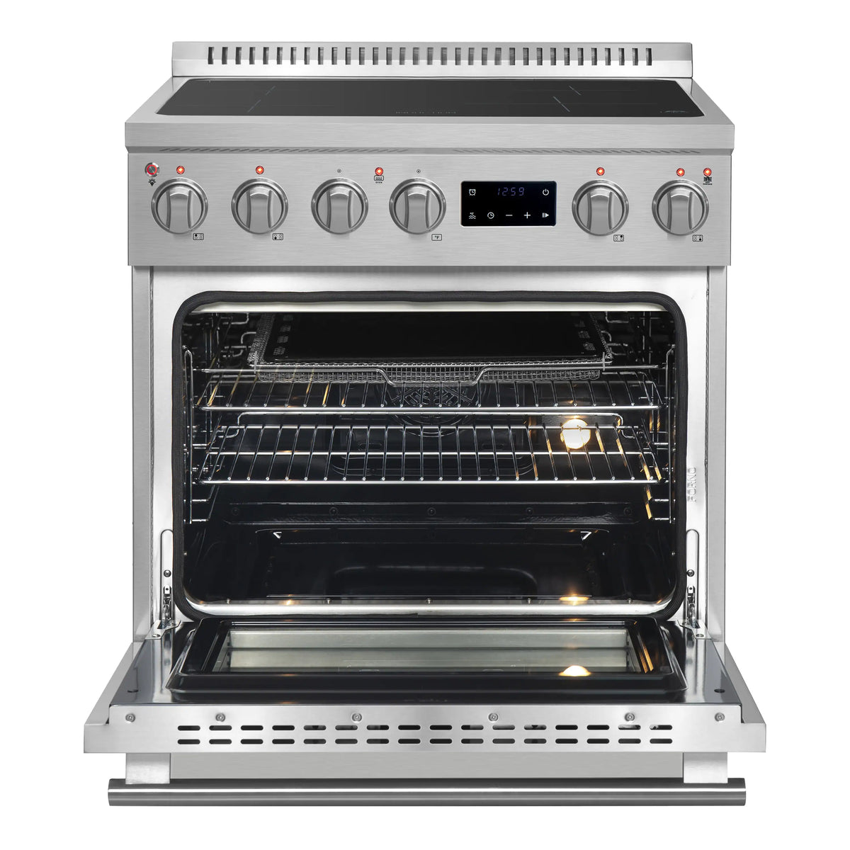 Stainless steel induction range with oven door open and wire rack inside