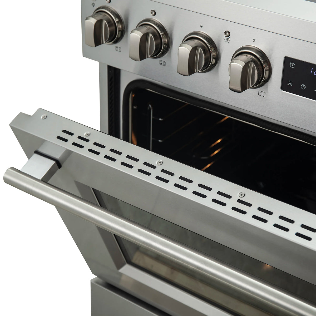 Stainless steel range control panel with four large knobs and vented drawer