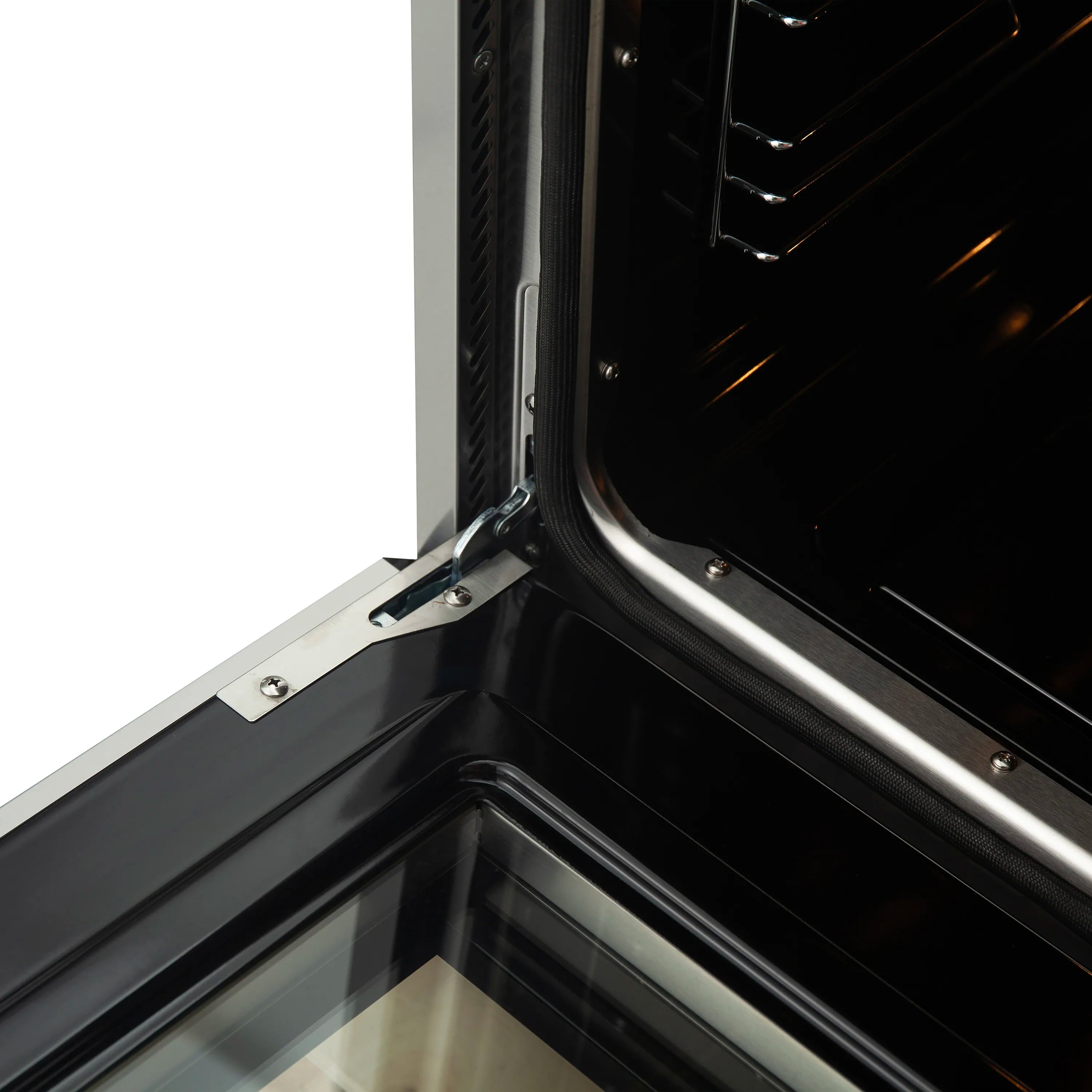 Stainless steel oven door open showing inner frame and side heating surface