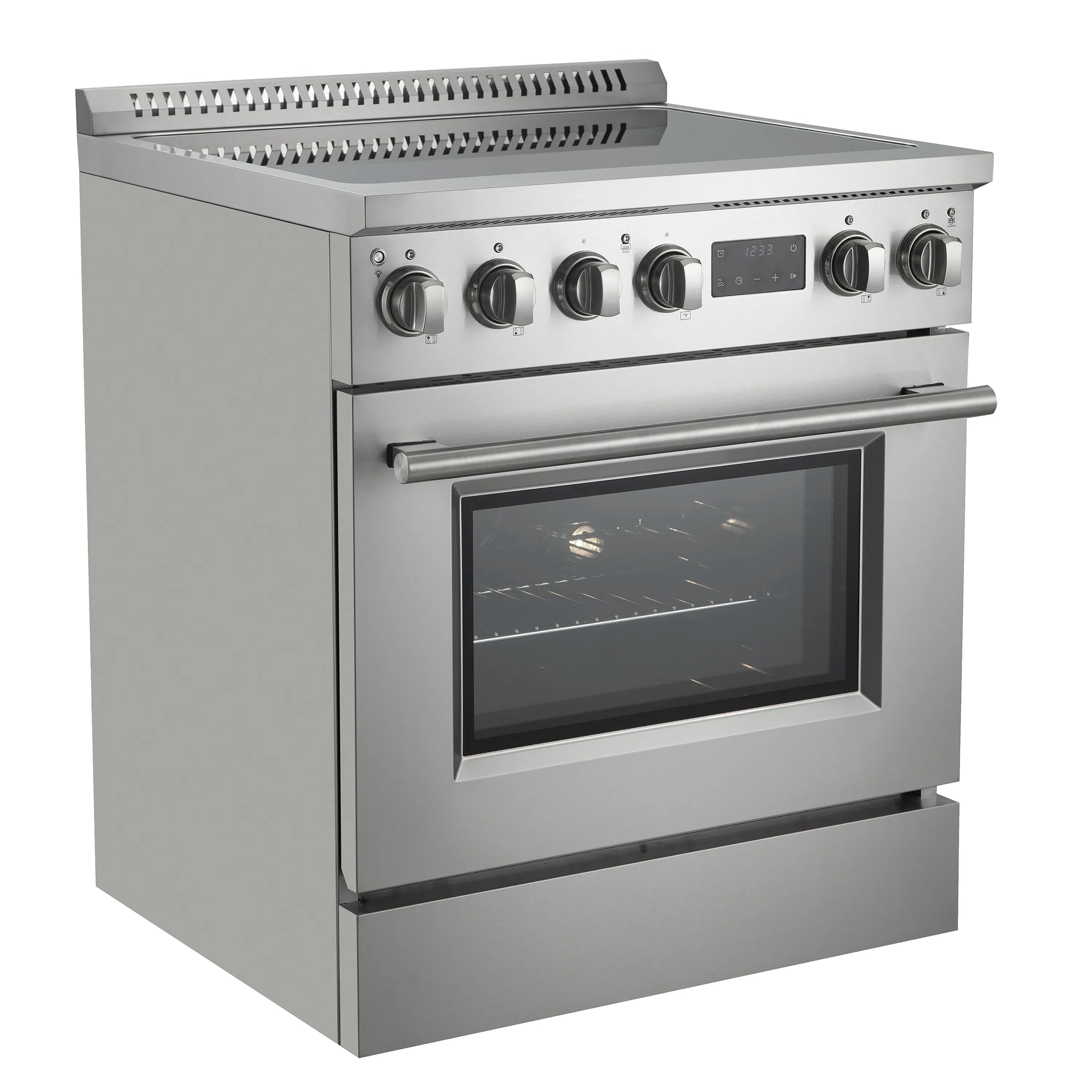 Stainless steel induction range with control panel and oven door window