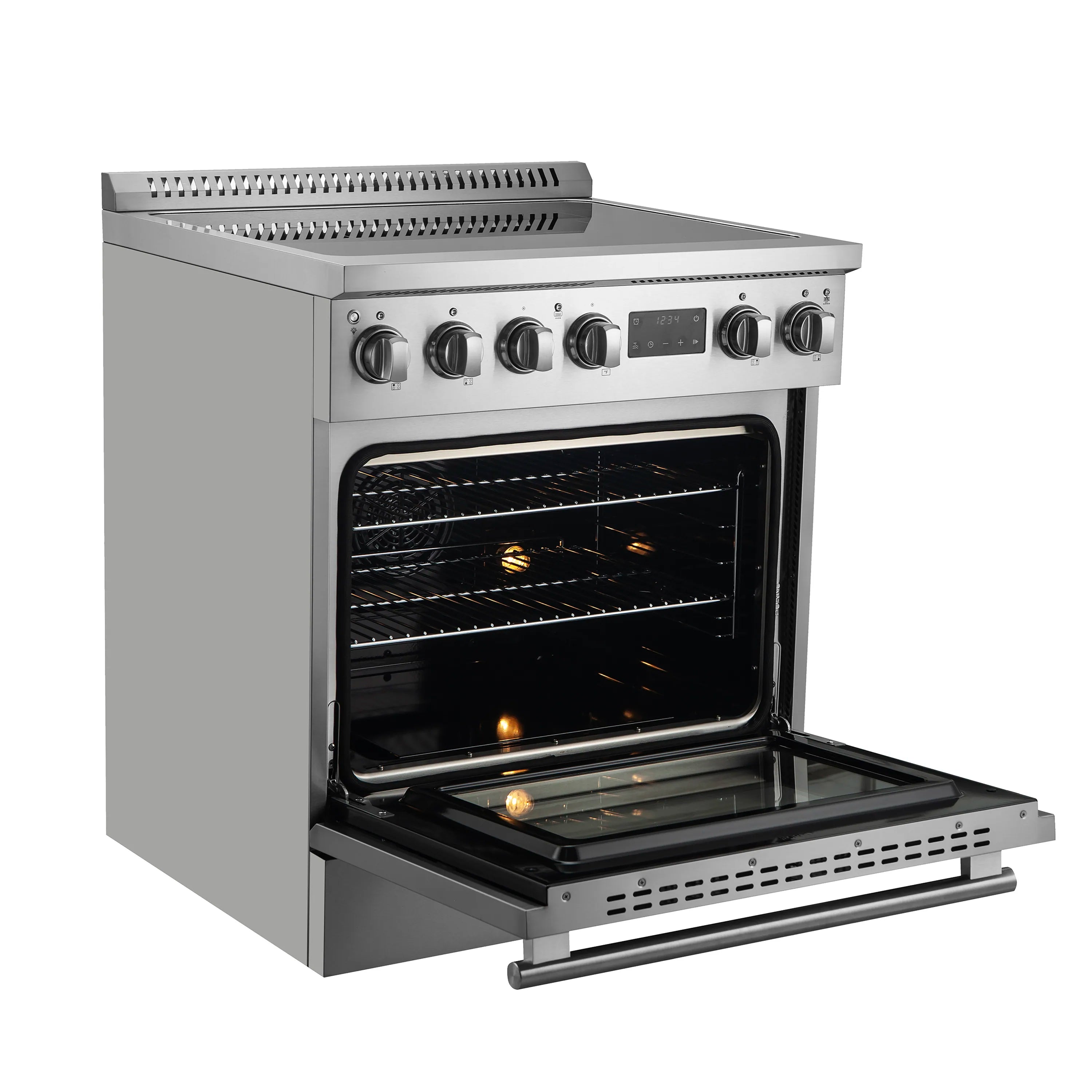 Stainless steel induction range with oven door open and heated interior