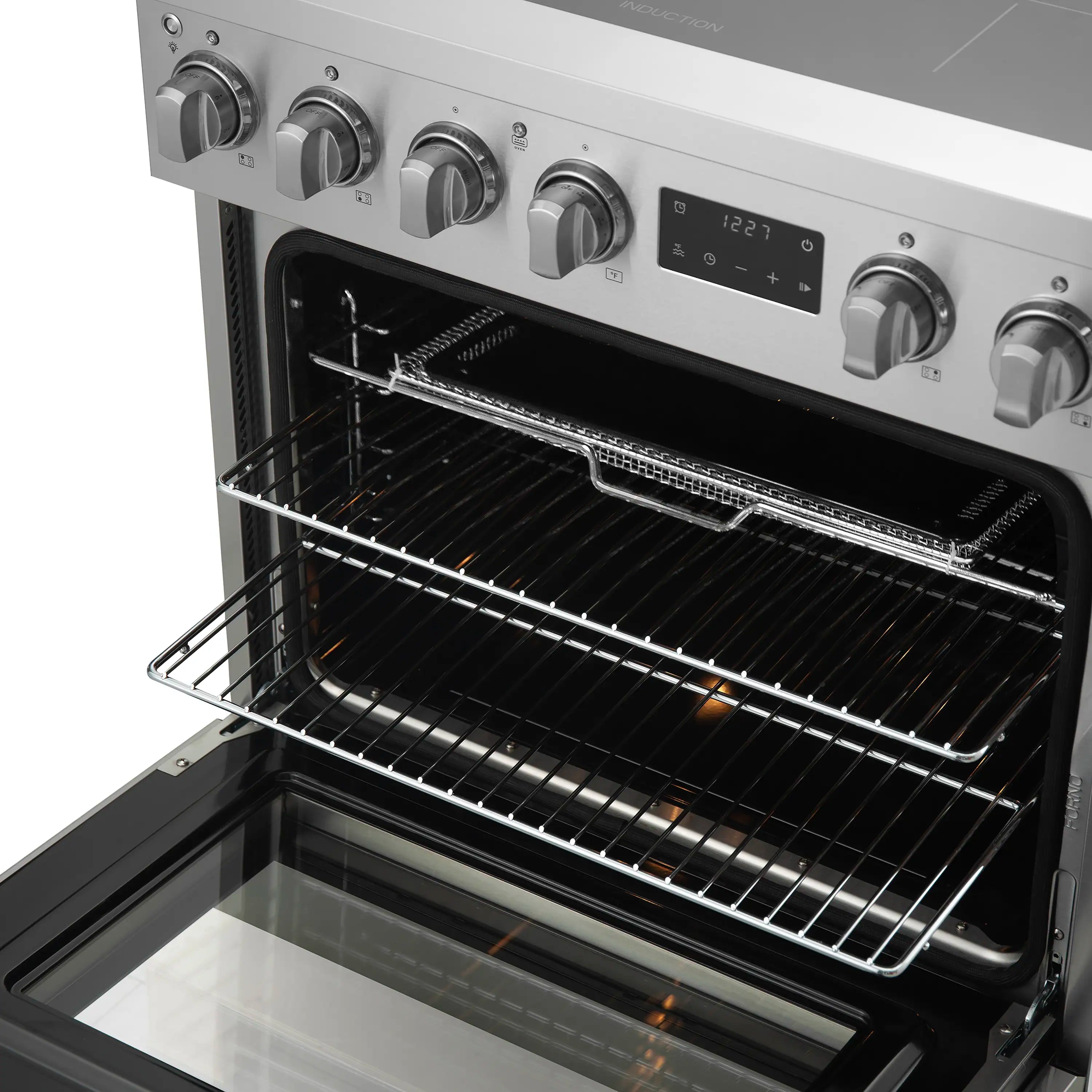 Stainless steel oven interior with flat rack and front air fry tray