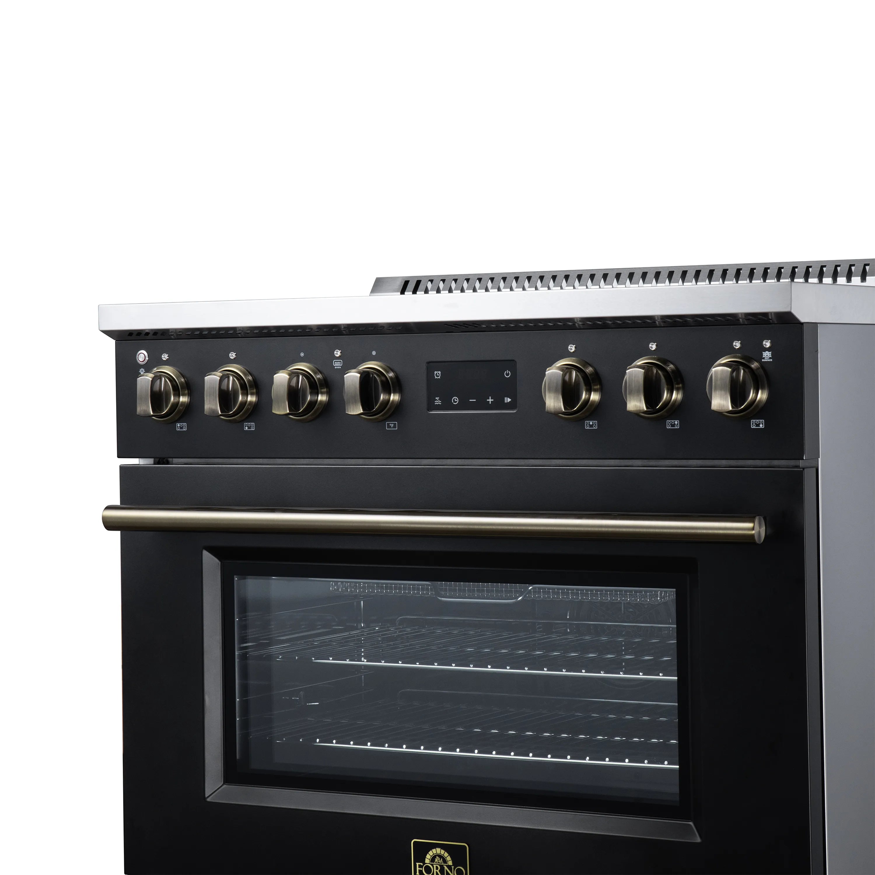Black 36-inch induction range with brass-trim knobs and windowed convection oven door