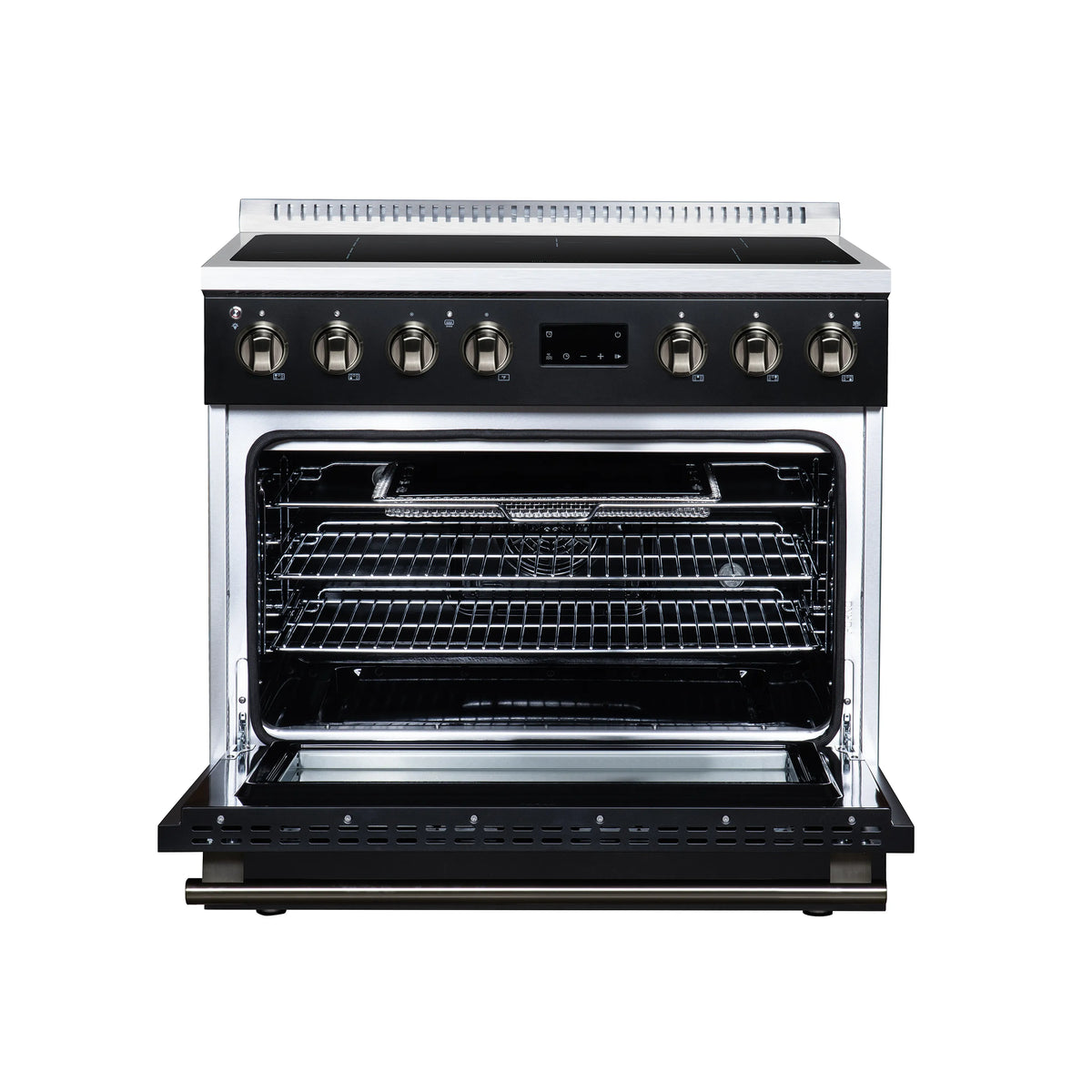 Black 36-inch induction range with convection oven, brass-trim controls, open door