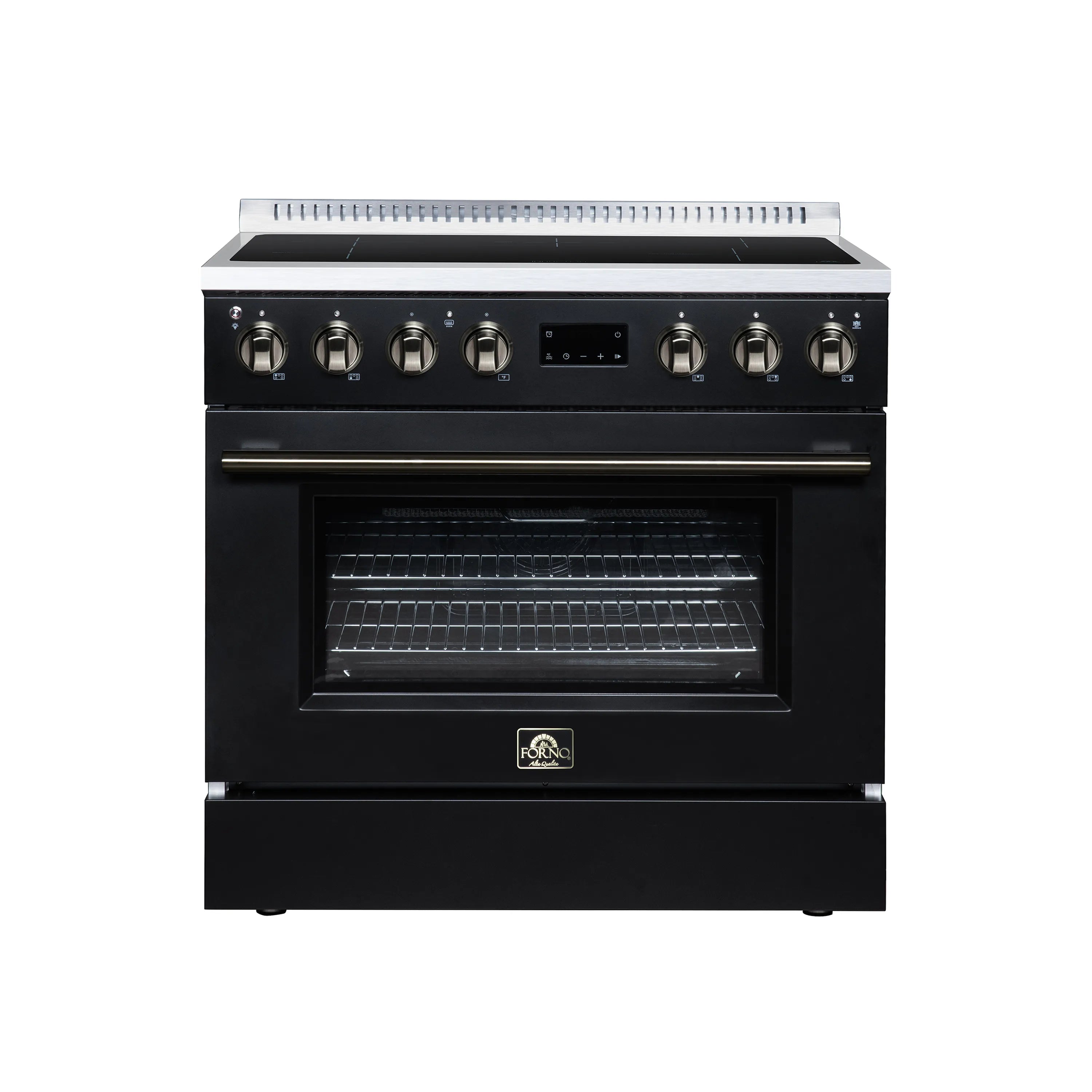 Black induction range with convection oven, front oven door window and brass knob controls