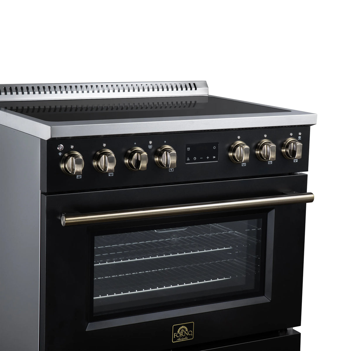 Black induction range front view, stainless trim, brass knobs, and oven window