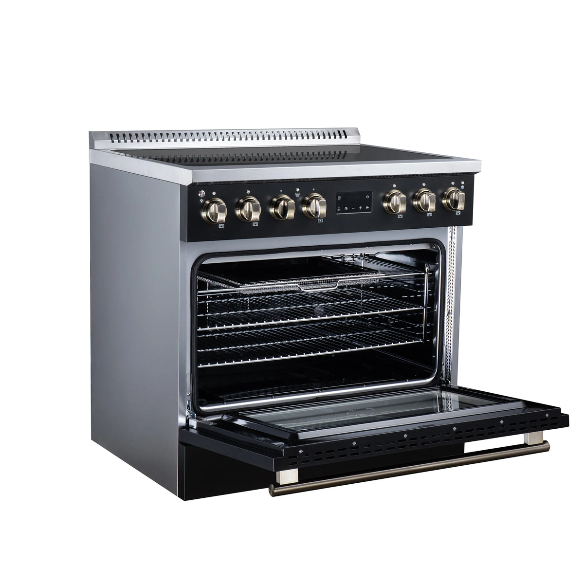 Black 36-inch induction range with open oven door, wire racks, brass-trim knobs