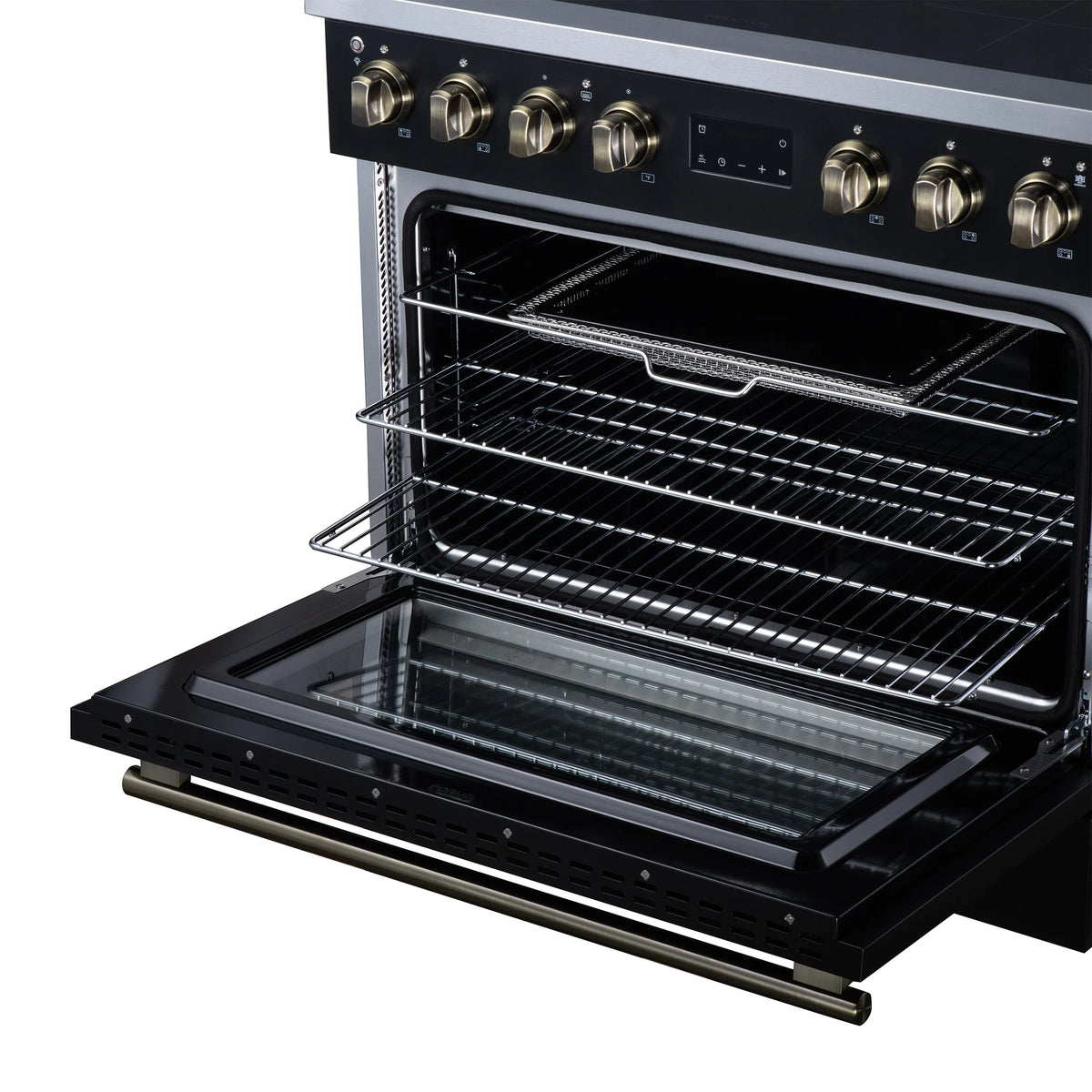 Open convection oven with wire rack and baking tray, black interior